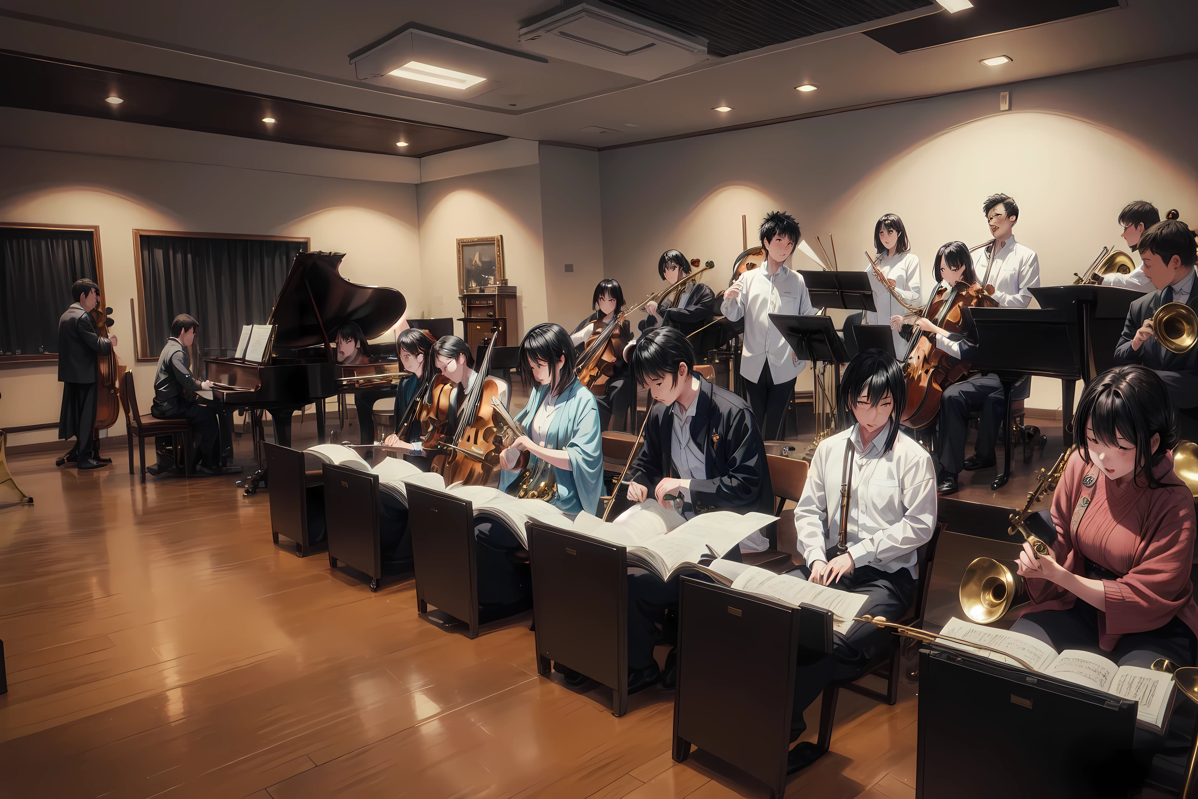 orchestra members in a classroom with instruments and instruments, orchestra, jazz, festival, band playing instruments, band playing, by Kiyoshi Yamashita, band, train, stunning composition!!!, by Nishida Shun'ei, jazz quintet, complex configuration!!, portrait n - 9, yukio - e, live, by Oka Yasutomo, Michael, recital