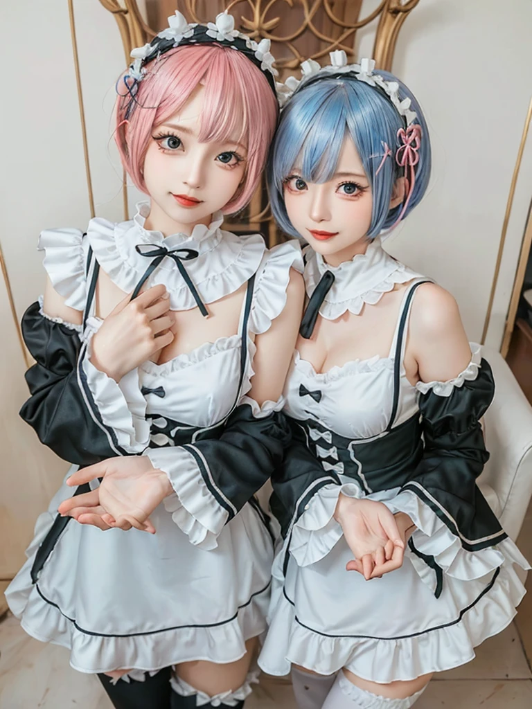 (8K, Photorealistic, Raw photo, of the highest quality: 1.3), (1girl in), Super beautiful, (Realistic face), (boyish, pink Color Berry Shorthair), Beautiful , Glare that captivates the viewer, Beautiful expression, Beautiful breasts, (Realistic skin), Be...Create a detailed and colorful image of Ram and Rem from Re:Zero, standing back-to-back in their maid outfits, with a magical fantasy background、14years old, two girls,cute, perfect face, beautiful, nice body, gothic ta clothes, gothic loliashion, frilly skirt, headdress, necklace, bracelet, knee-high socks, boots, double eyelids, tear bags, Detailed down to the fingers, photo-like description, indoors, dim indoor lighting, one girl is pink hair and short bob, another girl is light blue hair and short bob,standing, sexy posing,whole body, composition that shows the whole body, smiling,The Both of them are wearing the same type of maid outfit,arms crossed