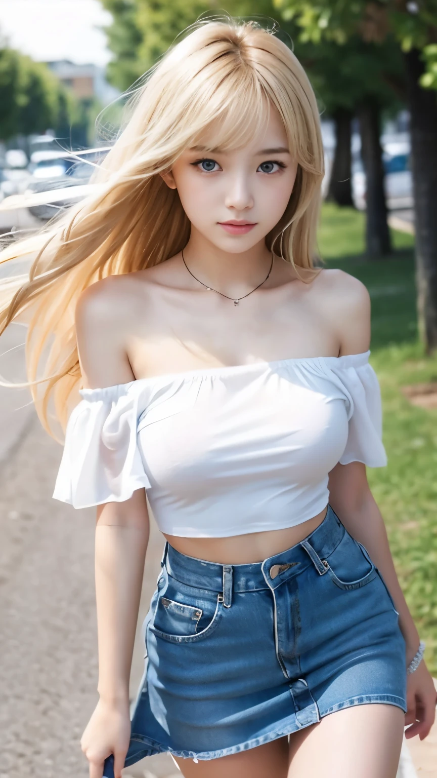 sexy big breasts、Sexy cute looks and cute  beautiful girl, Beautiful and sexy face、The strong wind blows the hair in front of my face、A beautiful blonde with medium-length hair and cute, sexy eyes hidden by long bangs.、Off-the-shoulder t-shirt、Tulle miniskirt