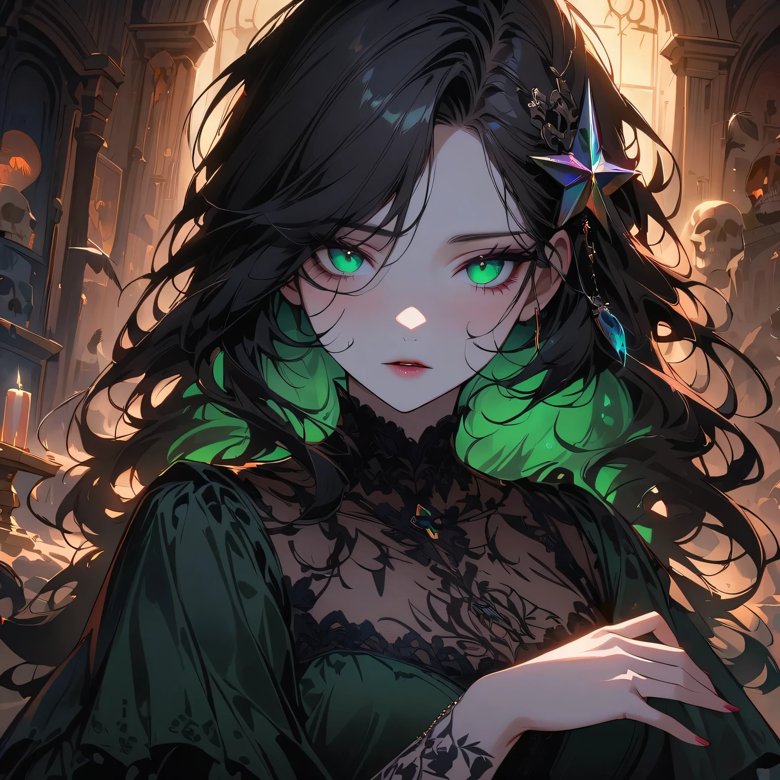 (best quality,4K,Super detailed,actual:1.2),Mysterious girl,gothic portrait,(plunder),intense gaze,pale skin,Long black hair fluttering in the wind,Dark and creepy atmosphere,Tarot card pattern,Fortune teller&#39;s table,crystal ball,Candles flickering in the dim light,Skull and five-pointed star decoration,occult symbols,Girl covered in mist,dramatic lighting,emerald green eyes,Sharp gaze,The strange tattoo on her arm,black lace dress,Gorgeous jewelry,Feathers and beads in hair,Cemetery setting,Moonlight night,ominous clouds,Weird atmosphere,plunder feathers scattered on the ground,unforgettably beautiful.