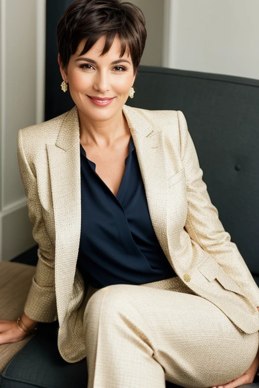 Beautiful woman 50 years old with a fashionable haircut. thoughtful look. smiles mysteriously. In a fashionable light suit.