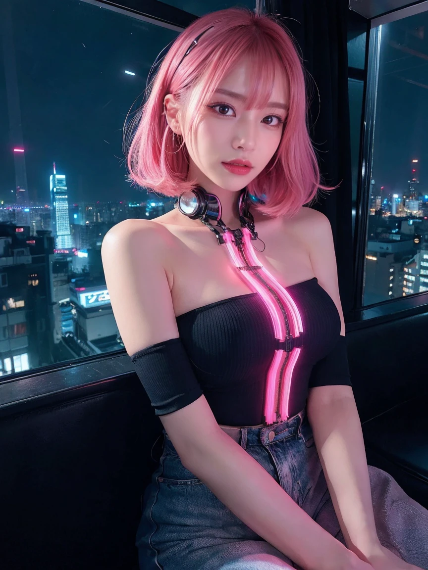 最high quality, masterpiece, 32k、Super detailed、realistic、1 girl, japanese woman、cute face, (photo actual:1.3),bob hair(red pink hair color、pink hairstyle)、edge lighting, (high detail skin:1.2), 8K超High resolution, Single-lens reflex camera, high quality, High resolution, 4k, 8K, Optimal ratio of 4 fingers to 1 thumb, (actual:1.3), cute 1 girl, realistic、Super realistic、32k、Super detailed、masterpiece, 最high quality, beautiful girl, beauty、small breasts, Mecha, beautiful lighting, (neon light:1.2), (night:1.5), Cyberpunk Costume、sitting,Cyber Neon、future city、Skyscraper、都会のnight、Shanghai、big city、night景、綺麗なnight景