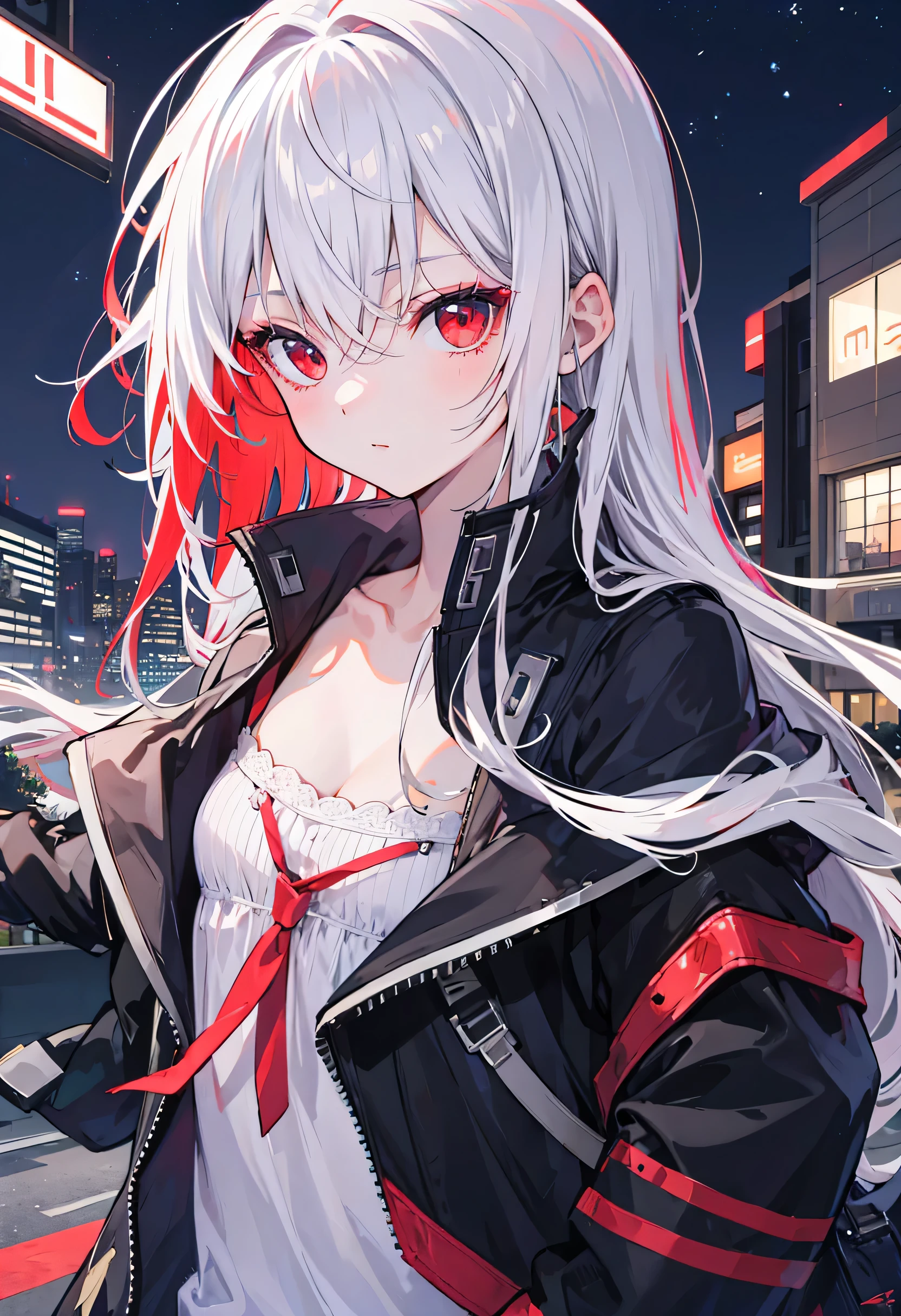 best quality,masterpiece,detailed, perfect face, 1girl,night city ,jacket, red eyes,long hair,white hair, red hair , flat chest, beautiful eye