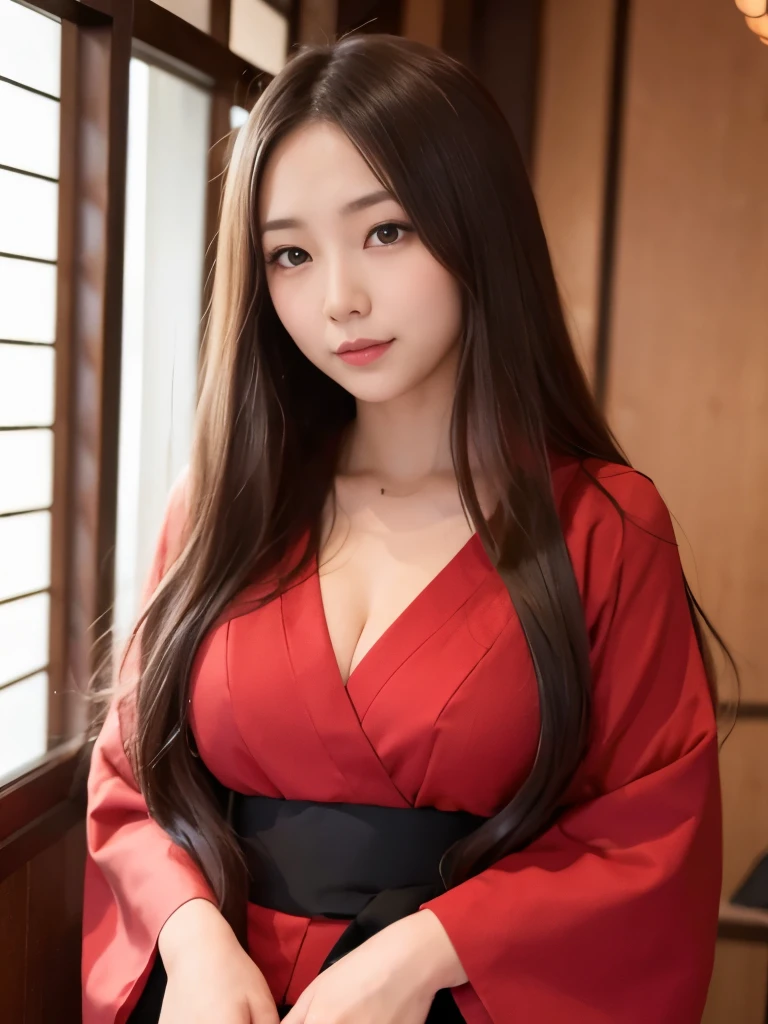 A beautiful Japanese shy girl, age 20 years old, light honey long hair, brown eyes, shiny lip, shiny hair and shiny body, wearing red and black Japanese Kimono dress, in Japanese restaurant, light shine in, ecstatic expression, Photo with blurred background