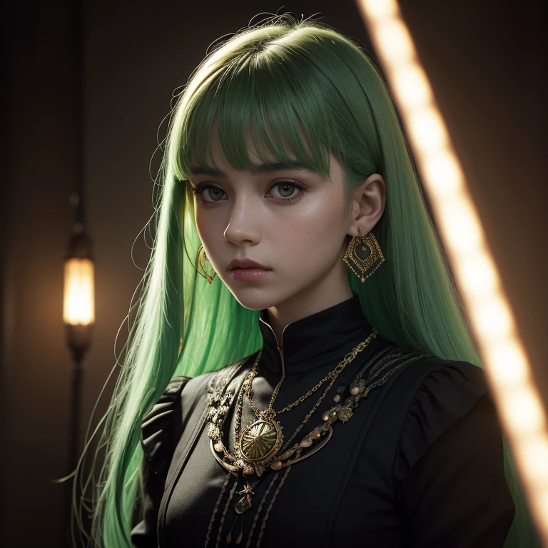 the portrait of an fire girl, ((optical art)), ((op art)), beautiful face, white skin, green hair, dark atmosphere, light haze, photo in the dark, luminous aura, dark halo, impressionism, gothic solemn atmosphere, amazing painting, masterpiece, piece of art hermione granger, bangs, blur, blurred background, blurred foreground, depth of field, earrings, jewelry, long sleeves, looking at viewer, necklace, parted lips, belt,
