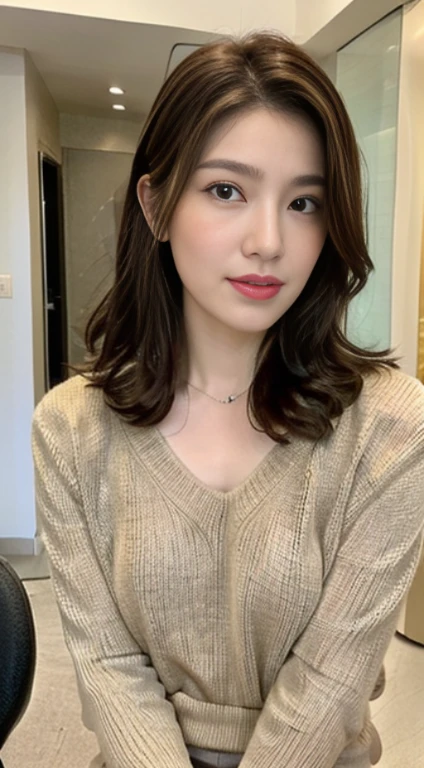 ((Medium shot scene、Two-thirds of the body is standing)),(8K, highest quality, masterpiece:1.2), (realistic, Photoreal:1.37), super detailed, one girl, cute, solo, A face that looks like it's about to cry, (closed mouth),(White sweater 1.5) ,((The lower half of the body is only wearing beige pantyhose..5)),big breasts, beautiful and fine eyes, (hair length: 1.2), Floating hair NovaFrogStyle, Upper body,She is sitting on a chair in the room with her legs wide open、((Photographed from below the front))、Plump big bob hair,looking at the viewer,spread legs