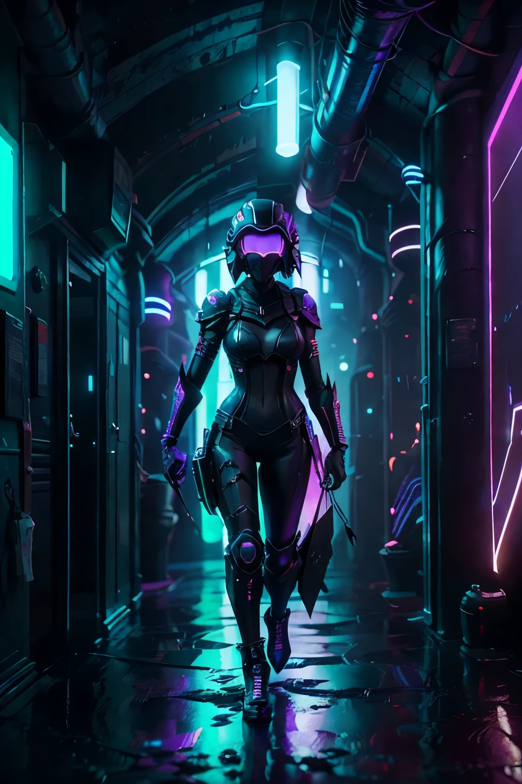 Your POV shot immerses you in the intensity of the moment as you journey through the ominous, dark tunnel. The neon lights, casting a vibrant glow, mirror off your helmet and infuse a futuristic allure into your African-inspired leather outfit. The scene unfolds in stunning 4K, the shadows lengthening and accentuating every crevice, as the brilliant hues of neon light pierce through the inky blackness. The atmosphere is heightened by the surrounding dampness, the echo of dripping water resonating in the hollows of the tunnel. Despite the looming darkness, a sense of excitement courses through you, invigorated by the