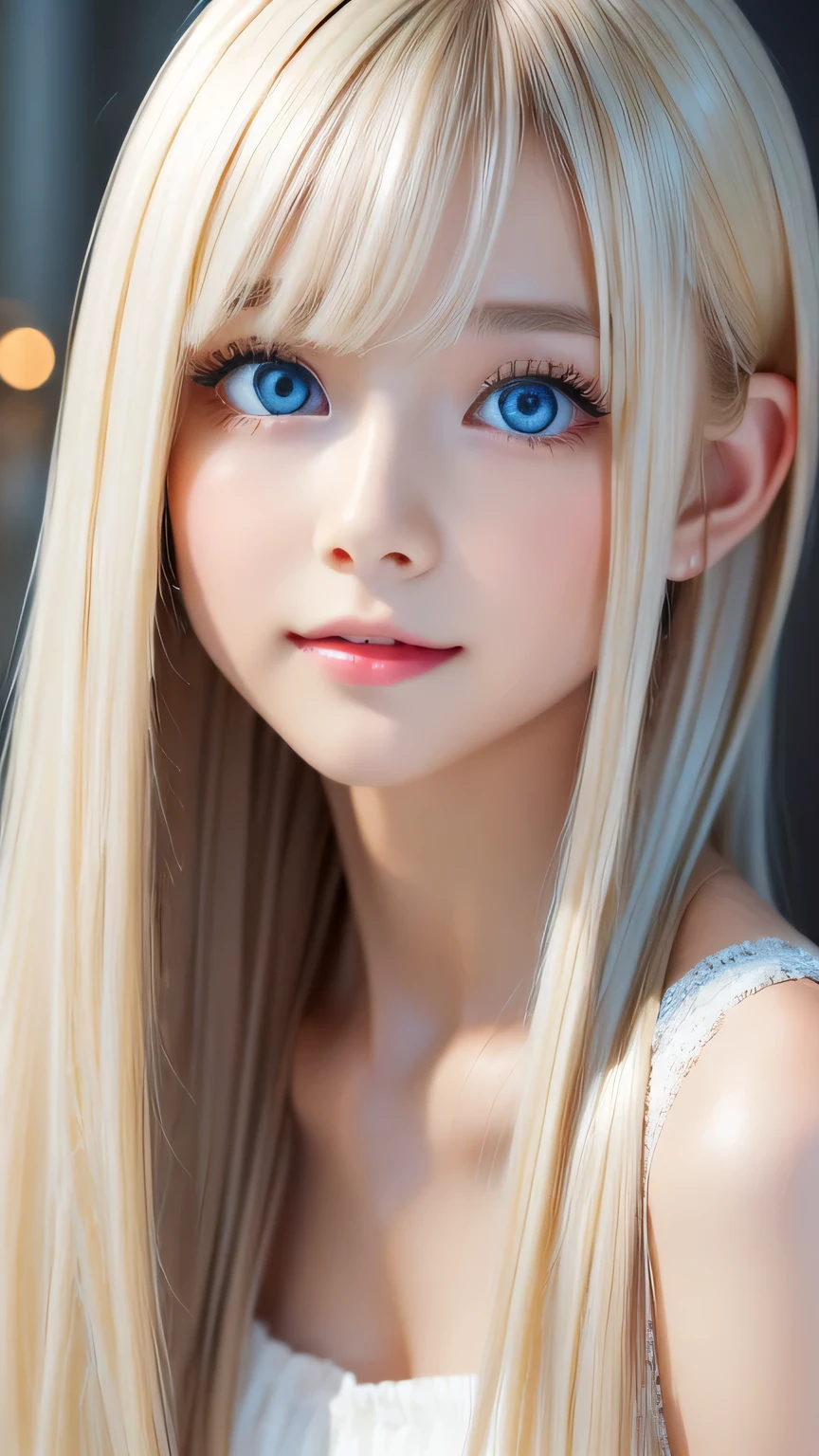 Exceptional sexy beauty、Beautiful calm and bright expression、sexy refreshing look、Perfect beautiful cute face with long bangs、Super long shiny platinum blonde straight hair、beautiful face hair、Very cute beautiful sexy young little woman、very perfect beautiful cute face、Large, bright, light blue eyes that shine beautifully、very big eyes、small face beauty、cheek gloss highlight