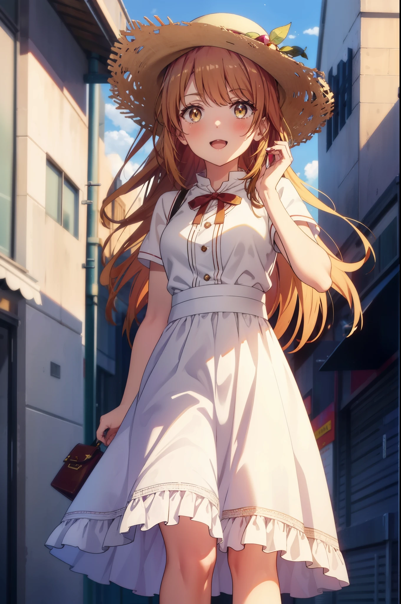 irohaisshiki, Isshiki Iroha, long hair, light brown hair, (Brown ruby eyes:1.5), White long skirt integrated dress,Cute Sandals,straw hat,happy smile, smile, open your mouth,daytime,Clear skies,Looking up from below,whole bodyがイラストに入るように,
break outdoors ,building street,In town,
break looking at viewer,whole body,(cowboy shot:1. 1)
break (masterpiece:1.2), highest quality, High resolution, unity 8k wallpaper, (shape:0.8), (beautiful and detailed eyes:1.6), highly detailed face, perfect lighting, Very detailed CG, (perfect hands, perfect anatomy),