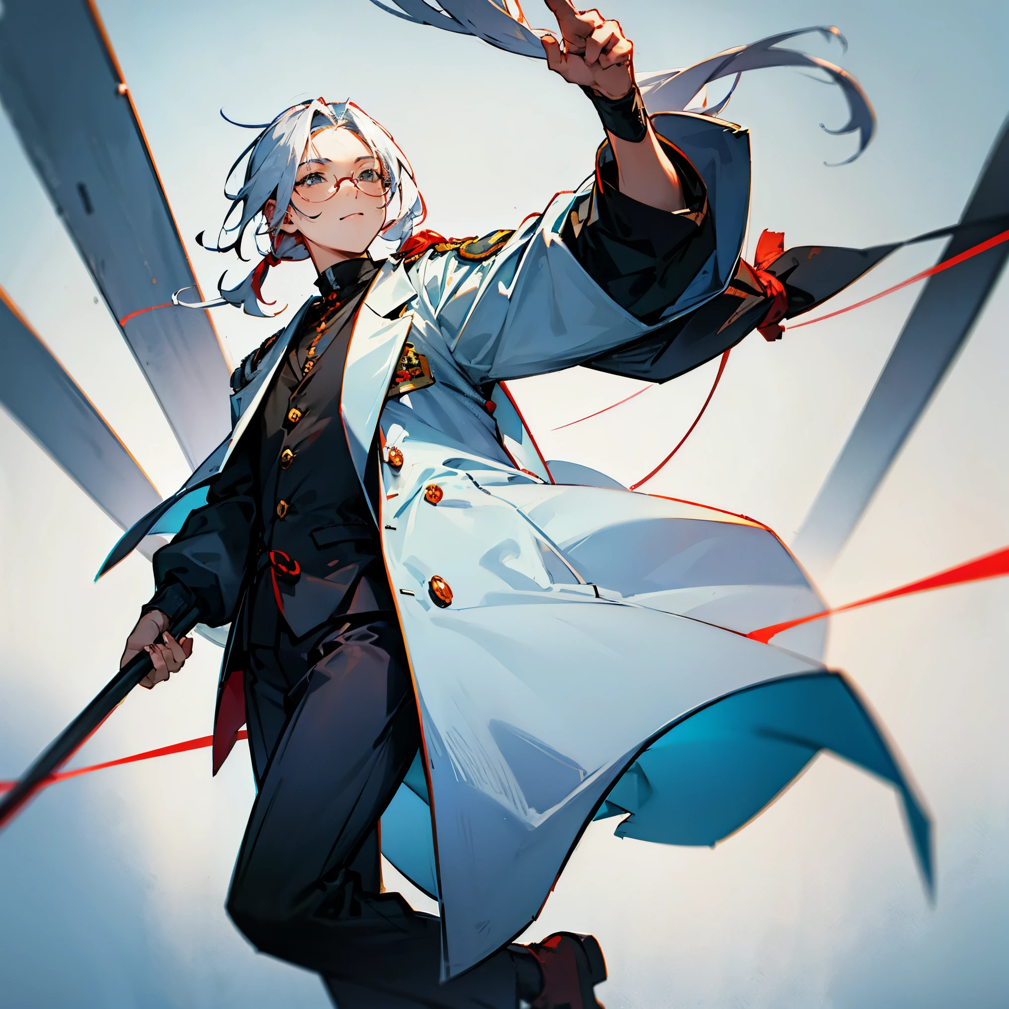 Walking down on the town everyone were craning their heads to see a young man that had long white hair tied in ponytail wearing a gray overcoat with a rolled sleeves to his elbow and a red inner shirt. He also wore a gray pants and blacks vans along with pair of glasses.