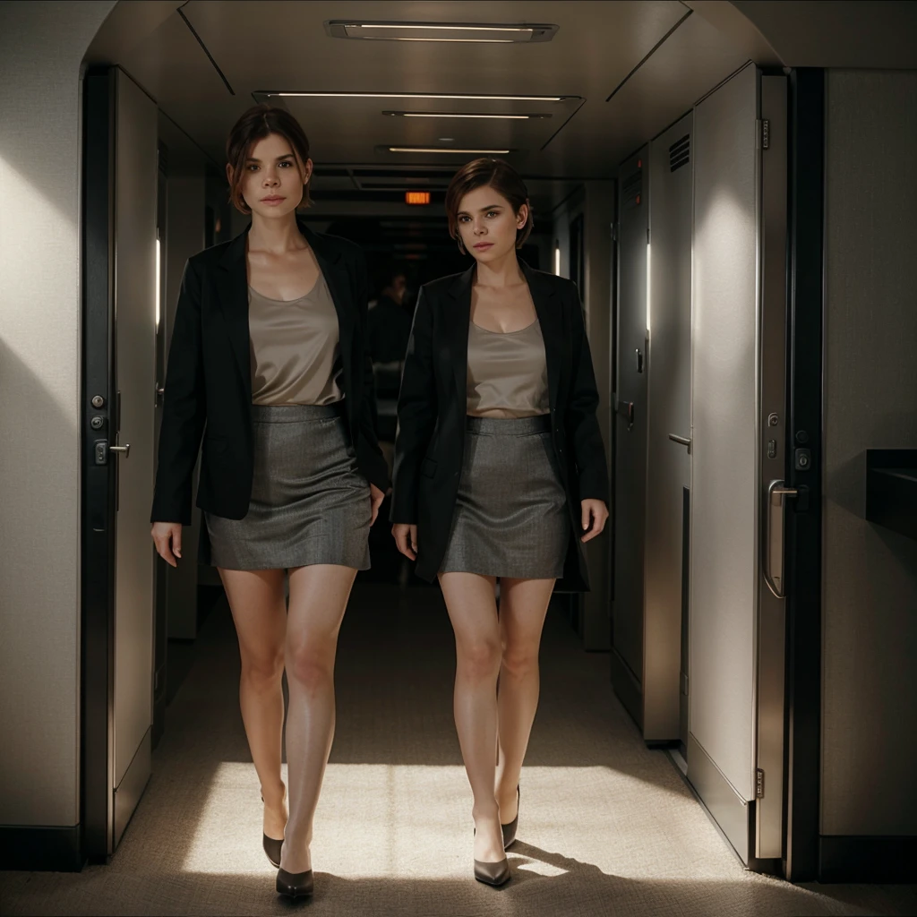 Kate Mara in a black blazer, gray midi skirt, realistic warm lighting, dreamy and ethereal, gentle, (Seductive Smile: 0.8), pixie hair, short hair, Warm, in a 2000's spaceship, walking towards the camera, full body