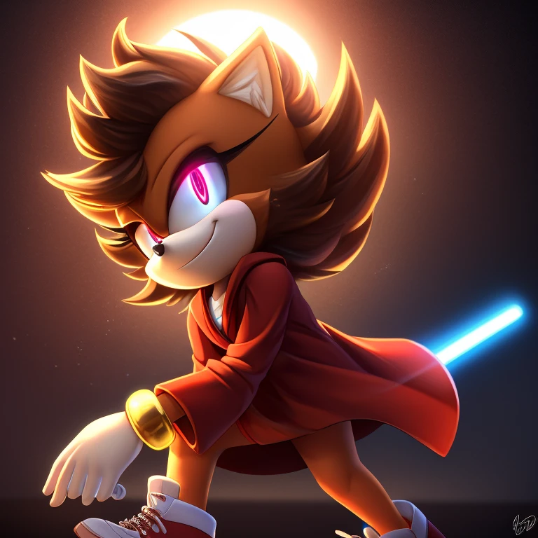 mobian, hedgehog, two-tone fur ((orange fur, brown fur)), red robe, small breasts, red lightsaber, high-top sneakers, two-tone hair (brown hair, black tip)), curly hair, red halo, jewelry, red glowing eyes, longeyelashes, red eyes, smirk, super dark room, high detail, masterpiece, UHD, anatomically correct, super detail, highres, 4K