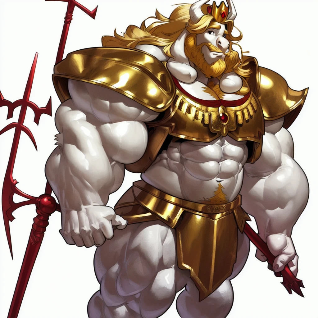 portrait, asgore, (hyper muscles:1.4), (long beard, long hair), armor, shoulder armor, spear, crown, looking at viewer, extremely detailed, white background, (by boosterpang, by kihu), 