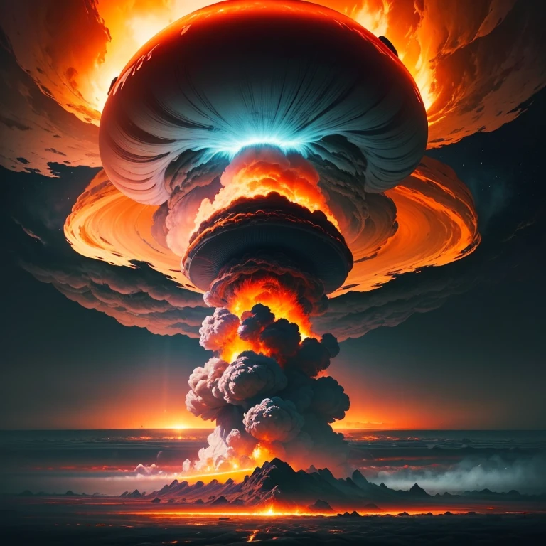 a breathtaking digital painting depicting a hauntingly beautiful nuclear mushroom cloud, towering ominously over a vast landscape. the vibrant colors of the explosion create a mesmerizing display of oranges, reds, and yellows, with billowing smoke and debris adding texture and depth to the scene. the wide-angle perspective captures the sheer magnitude of the event, immersing the viewer in the chaotic
