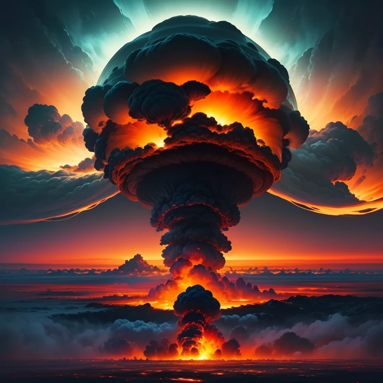 a breathtaking digital painting depicting a hauntingly beautiful nuclear mushroom cloud, towering ominously over a vast landscape. the vibrant colors of the explosion create a mesmerizing display of oranges, reds, and yellows, with billowing smoke and debris adding texture and depth to the scene. the wide-angle perspective captures the sheer magnitude of the event, immersing the viewer in the chaotic