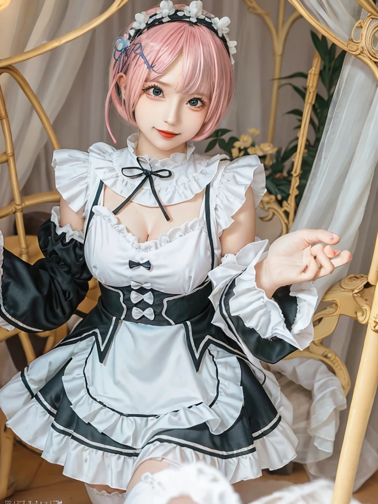 (8K, Photorealistic, Raw photo, of the highest quality: 1.3), (1girl in), Super beautiful, (Realistic face), (boyish, pink Color Berry Shorthair), Beautiful , Glare that captivates the viewer, Beautiful expression, Beautiful breasts, (Realistic skin), Be...Create a detailed and colorful image of Ram and Rem from Re:Zero, standing back-to-back in their maid outfits, with a magical fantasy background、14years old, two girls,cute, perfect face, beautiful, nice body, gothic lolita clothes, gothic lolita fashion, frilly skirt, headdress, necklace, bracelet, knee-high socks, boots, double eyelids, tear bags, Detailed down to the fingers, photo-like description, indoors, dim indoor lighting, one girl is pink hair and short bob, another girl is light blue hair and short bob,standing, sexy posing,whole body, composition that shows the whole body, smiling,The Both of them are wearing the same type of maid outfit,Optimal ratio of 4 fingers and 1 thumb,arms crossed