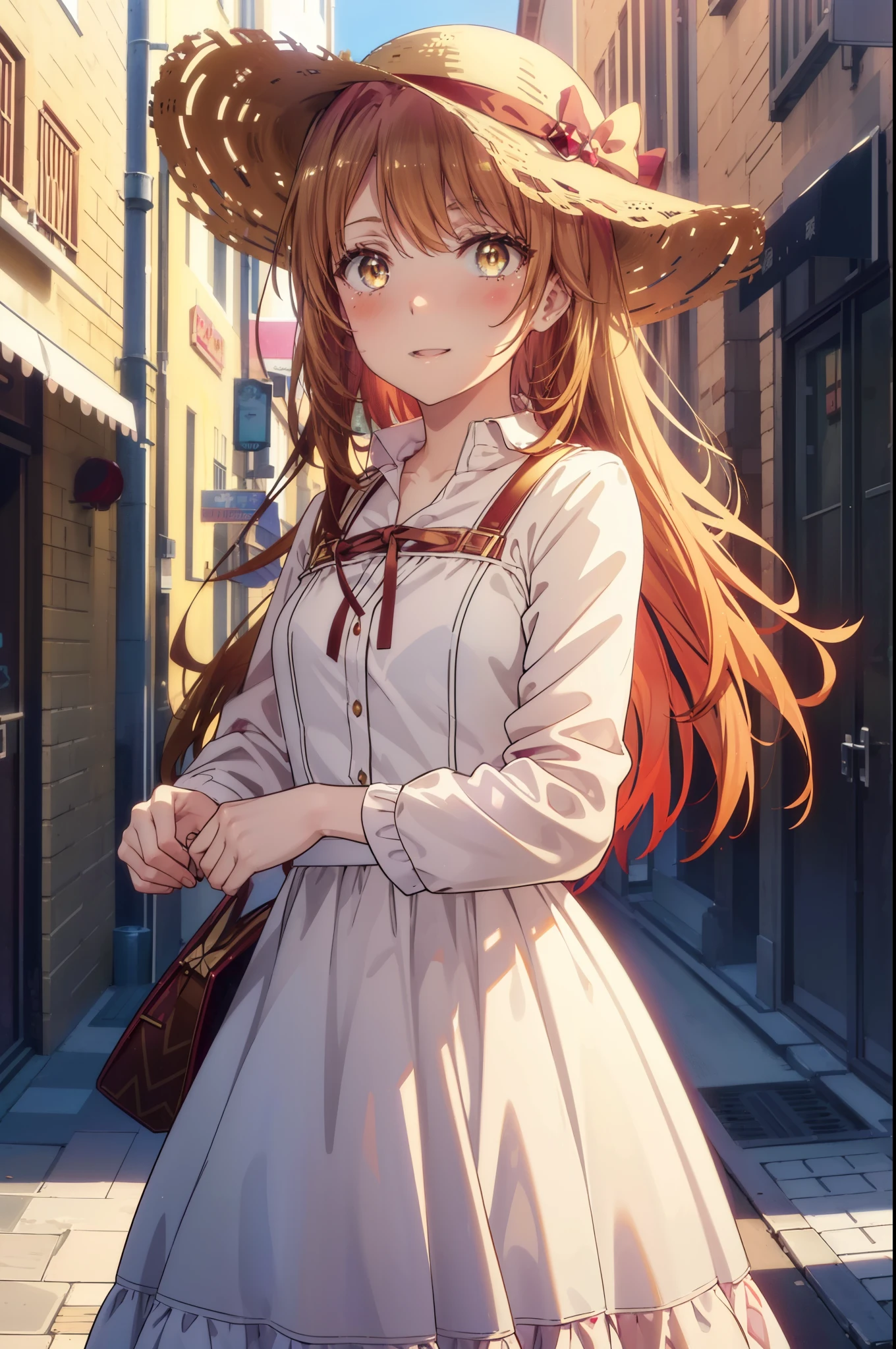 irohaisshiki, Isshiki Iroha, long hair, light brown hair, (Brown ruby eyes:1.5), White long skirt integrated dress,Cute Sandals,straw hat,happy smile, smile, open your mouth,daytime,Clear skies,looking down from top to bottom,whole bodyがイラストに入るように,
break outdoors ,building street,In town,
break looking at viewer,whole body,(cowboy shot:1. 1)
break (masterpiece:1.2), highest quality, High resolution, unity 8k wallpaper, (shape:0.8), (beautiful and detailed eyes:1.6), highly detailed face, perfect lighting, Very detailed CG, (perfect hands, perfect anatomy),