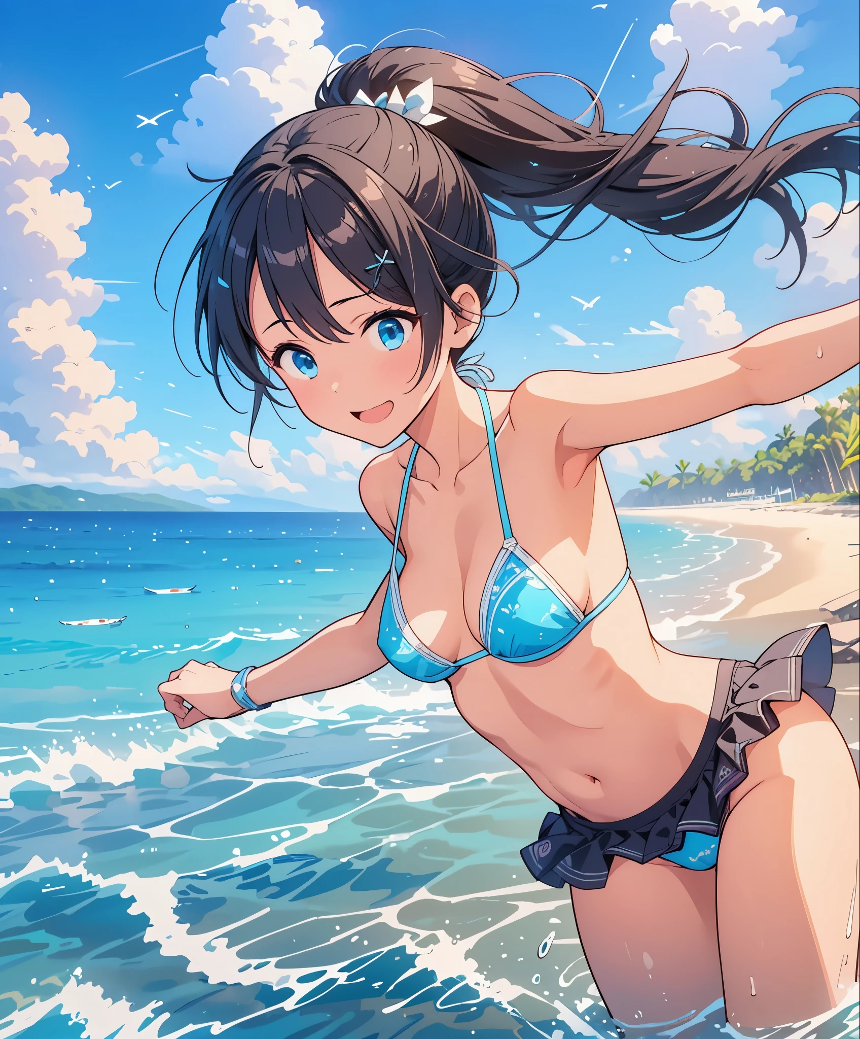 (masterpiece、highest quality、highest quality、official art、beautiful beautiful:1.2)、(1 girl:1.3)Hatsune Miku、twin tails,big breasts,New recreate:
theme:Seaside Resort 8km Race、Seaside resort illustration with ultra high definition detail。The subject is1beautiful woman。She wears a sleeveless micro bikini、I'm wearing miniskirt-length bottoms.。Hair tied in a ponytail fluttering in the wind、Raise your hands with a bright smile。
Blue sea and white sandy beach in the background、Depicts a large number of blue birds flying away from the subject。Blue sky and white clouds in the distance、You can feel the bright and refreshing atmosphere of the resort。
The pose is energetic and aggressive、Cross your arms like an X in front of your chest.。
Micro bikini costumes 、Although it is worn lightly, It expresses the glamour of the resort.。Fine details are also drawn on the design of the bikini and bottom。
Her expression is bright and smiling.、You can feel them enjoying a good time at the resort。
The composition is centered on the subject.、Background depicts the sea and a flock of blue birds。
The lighting is bright and refreshing、Illuminates the entire area.、Highlight the brightness of the resort。
The colors are vivid、Blue of sea or sky、The whiteness of the sandy beach is clearly expressed。
Effects include:、Includes hair fluttering in the wind and blue birds flying.、The fun and vibrancy of the resort is expressed。
Background effects are、Depicts sandy waves and details、The bright and refreshing atmosphere of the resort is emphasized。