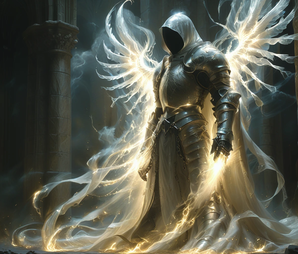 soul knight, diablo 2, archangel Tyrael in full armor and (long shining tentacle_like wings:1.8), (illuminating sword:1.6), (chained hood:1.8), full body, (from front:2), looking at viewer, in background a detailed cathedral, dark atmosphere, 