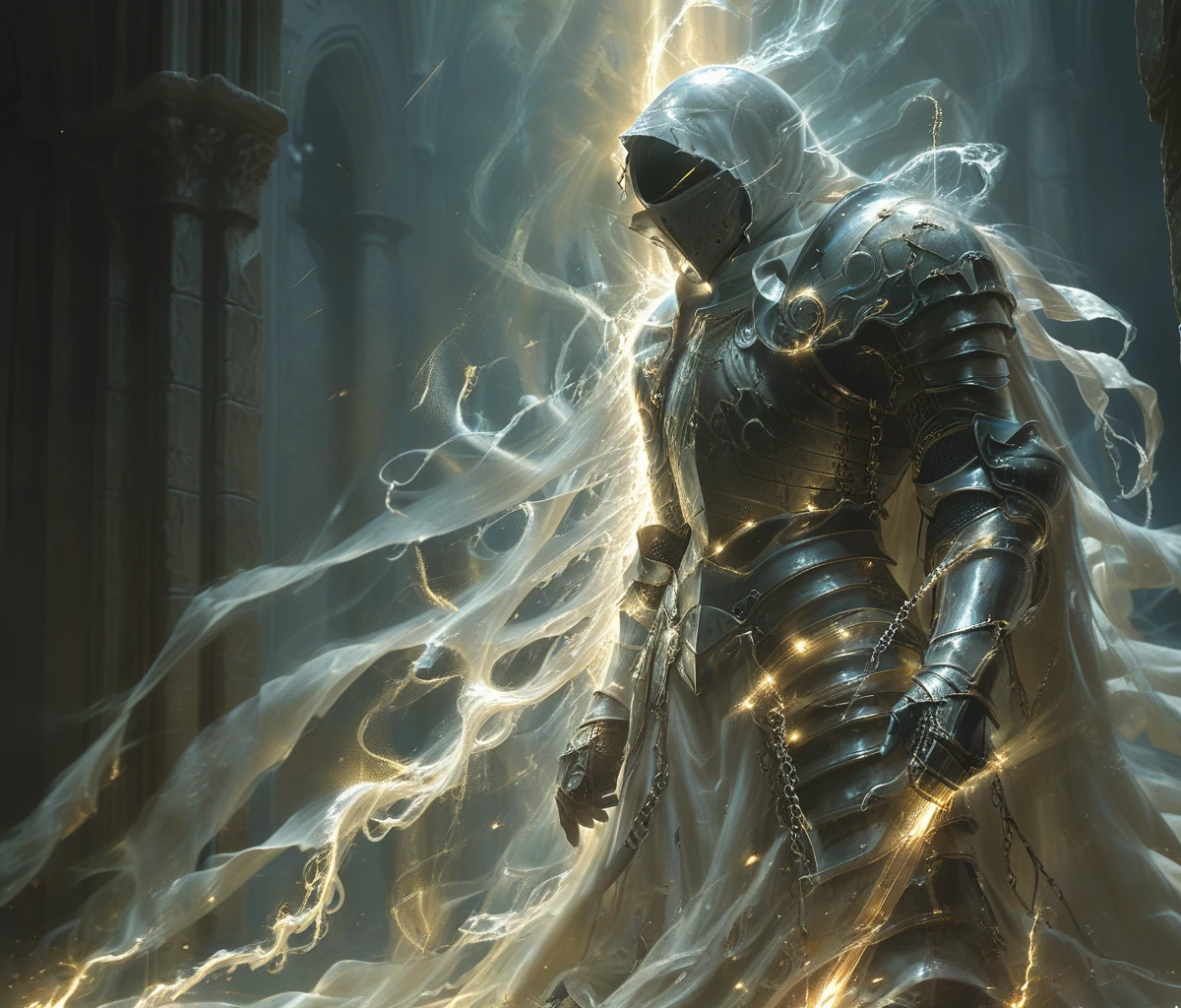 soul knight, diablo 2, archangel Tyrael in full armor and (long shining tentacle_like wings:1.8), (illuminating sword:1.6), (chained hood:1.8), full body, (from front:2), looking at viewer, in background a detailed cathedral, dark atmosphere,