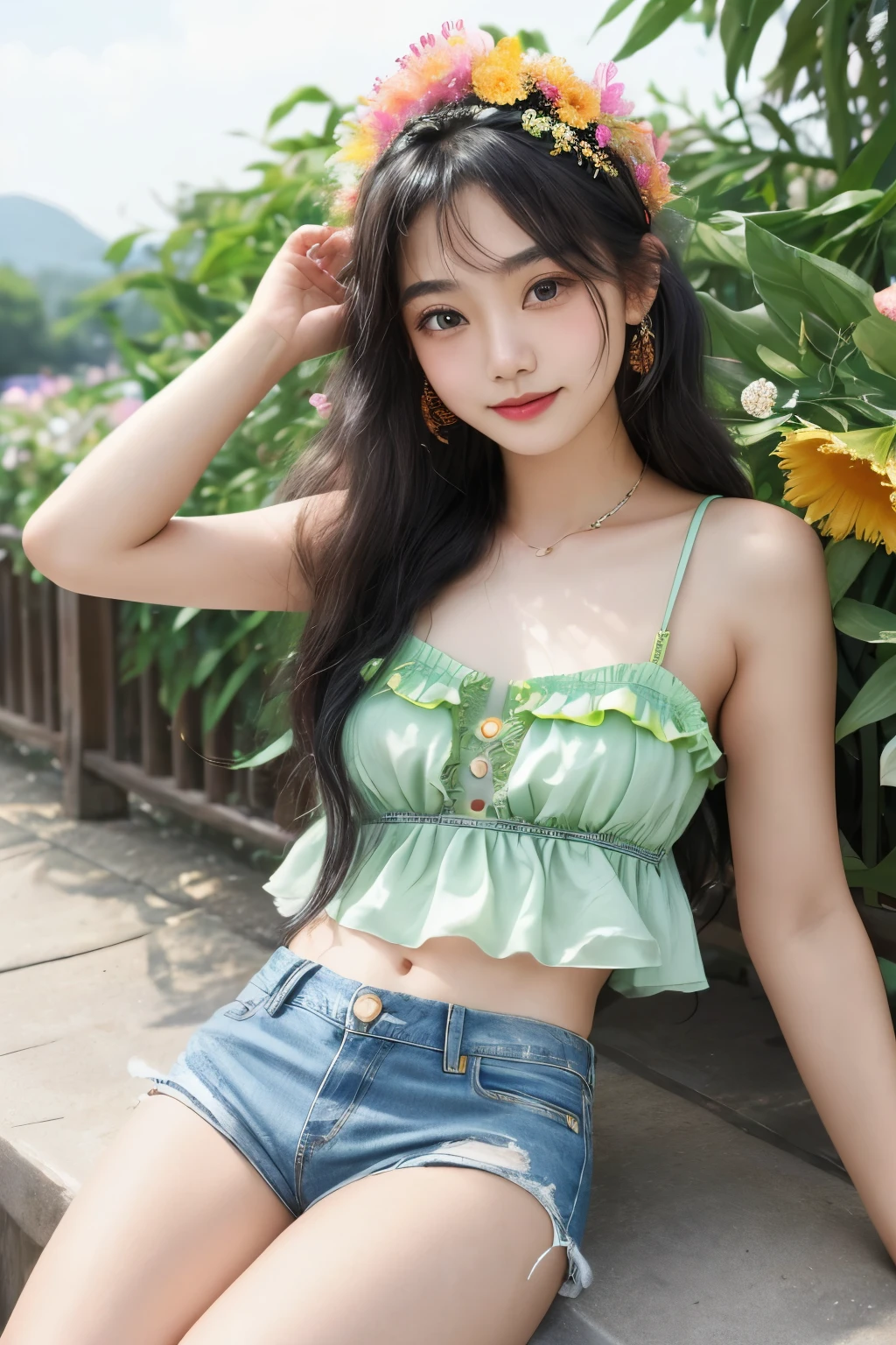 (8k, highest quality, ultra detailed:1.37), (Dina), 18yo, (a free-spirited Asian girl), embraces the bohemian festival atmosphere. She wears a summer dress top with denim shorts and accessorizes with flowers and beads. Her black hair in a crown braids was swept up in loose curls that tumbled down her back. The high-resolution image captures ultra-detailed realism, highlighting Dina's captivating eyes, long eyelashes, and smooth complexion. The vibrant festival setting adds an energetic and colorful backdrop to showcase Dina's carefree and artistic personality.
