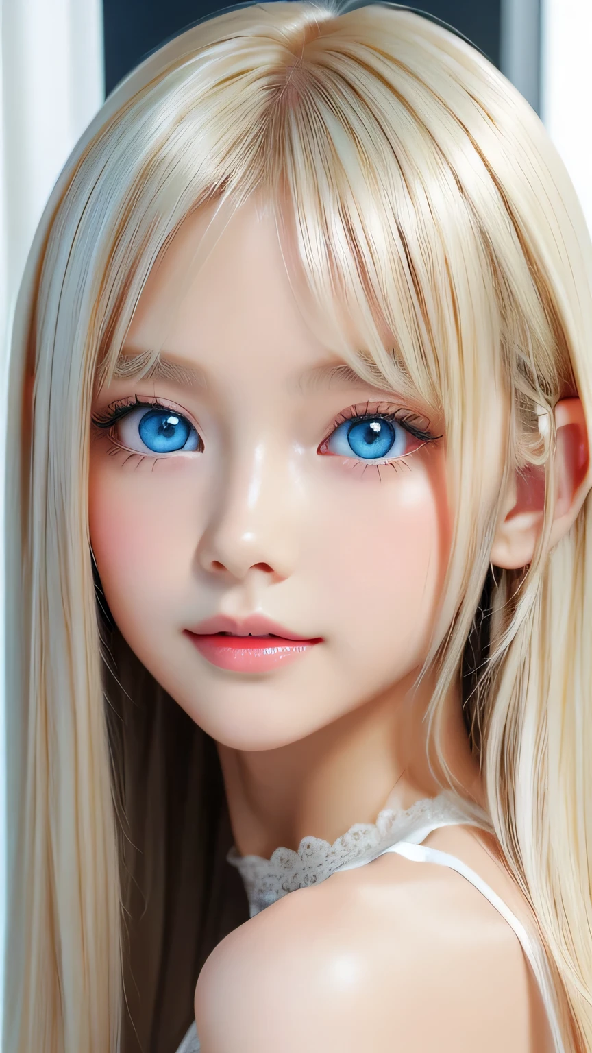 Exceptional sexy beauty、Beautiful calm and bright expression、sexy refreshing look、Perfect beautiful cute face with long bangs、Super long shiny platinum blonde straight hair、beautiful face hair、Very cute beautiful sexy young little woman、very perfect beautiful cute face、Large, bright, light blue eyes that shine beautifully、very big eyes、small face beauty、cheek gloss highlight