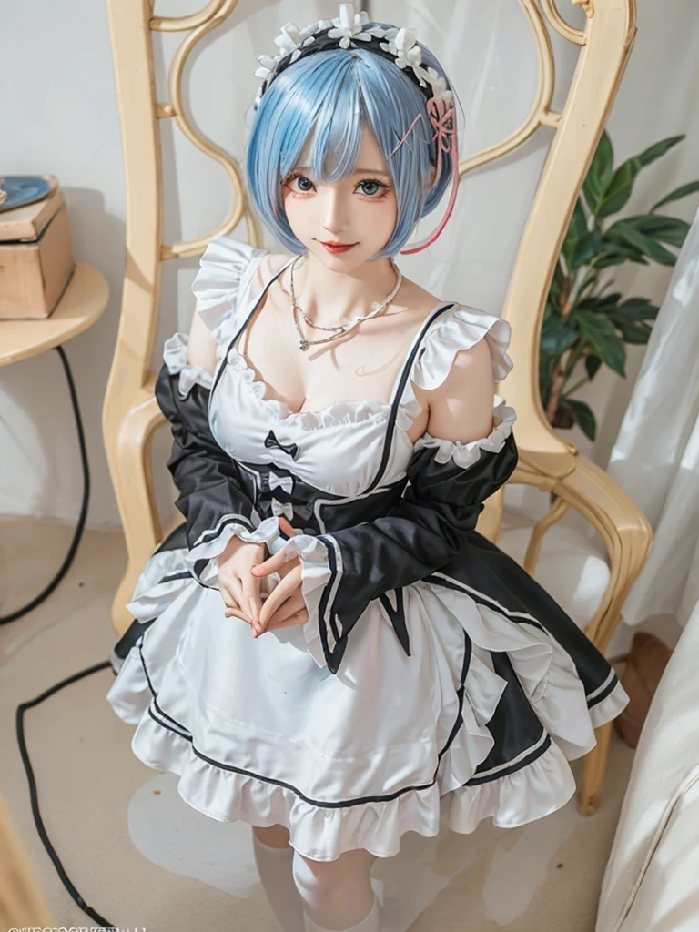 (8K, Photorealistic, Raw photo, of the highest quality: 1.3), (1girl in), Super beautiful, (Realistic face), (boyish, pink Color Berry Shorthair), Beautiful , Glare that captivates the viewer, Beautiful expression, Beautiful breasts, (Realistic skin), Be...Create a detailed and colorful image of Ram and Rem from Re:Zero, standing back-to-back in their maid outfits, with a magical fantasy background、14years old, two girls,cute, perfect face, beautiful, nice body, gothic lolita clothes, gothic lolita fashion, frilly skirt, headdress, necklace, bracelet, knee-high socks, boots, double eyelids, tear bags, Detailed down to the fingers, photo-like description, indoors, dim indoor lighting, one girl is pink hair and short bob, another girl is light blue hair and short bob,standing, sexy posing,whole body, composition that shows the whole body, smiling,The Both of them are wearing the same type of maid outfit,arms crossed