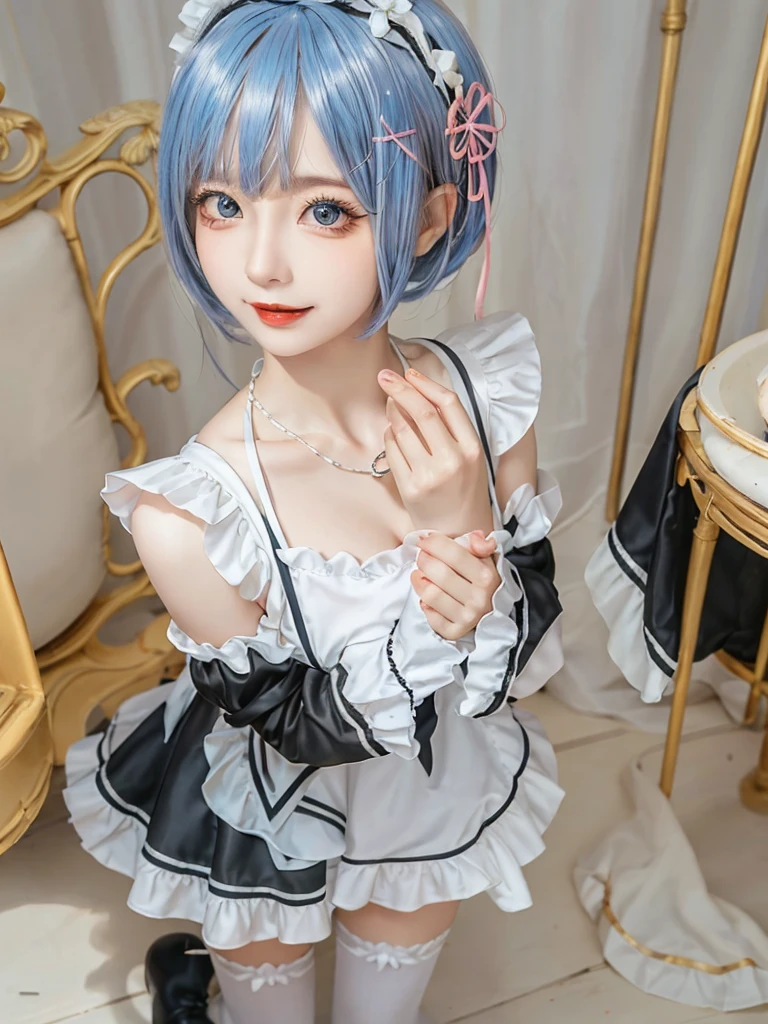 (8K, Photorealistic, Raw photo, of the highest quality: 1.3), (1girl in), Super beautiful, (Realistic face), (boyish, pink Color Berry Shorthair), Beautiful , Glare that captivates the viewer, Beautiful expression, Beautiful breasts, (Realistic skin), Be...Create a detailed and colorful image of Ram and Rem from Re:Zero, standing back-to-back in their maid outfits, with a magical fantasy background、14years old, two girls,cute, perfect face, beautiful, nice body, gothic lolita clothes, gothic lolita fashion, frilly skirt, headdress, necklace, bracelet, knee-high socks, boots, double eyelids, tear bags, Detailed down to the fingers, photo-like description, indoors, dim indoor lighting, one girl is pink hair and short bob, another girl is light blue hair and short bob,standing, sexy posing,whole body, composition that shows the whole body, smiling,The Both of them are wearing the same type of maid outfit,arms crossed