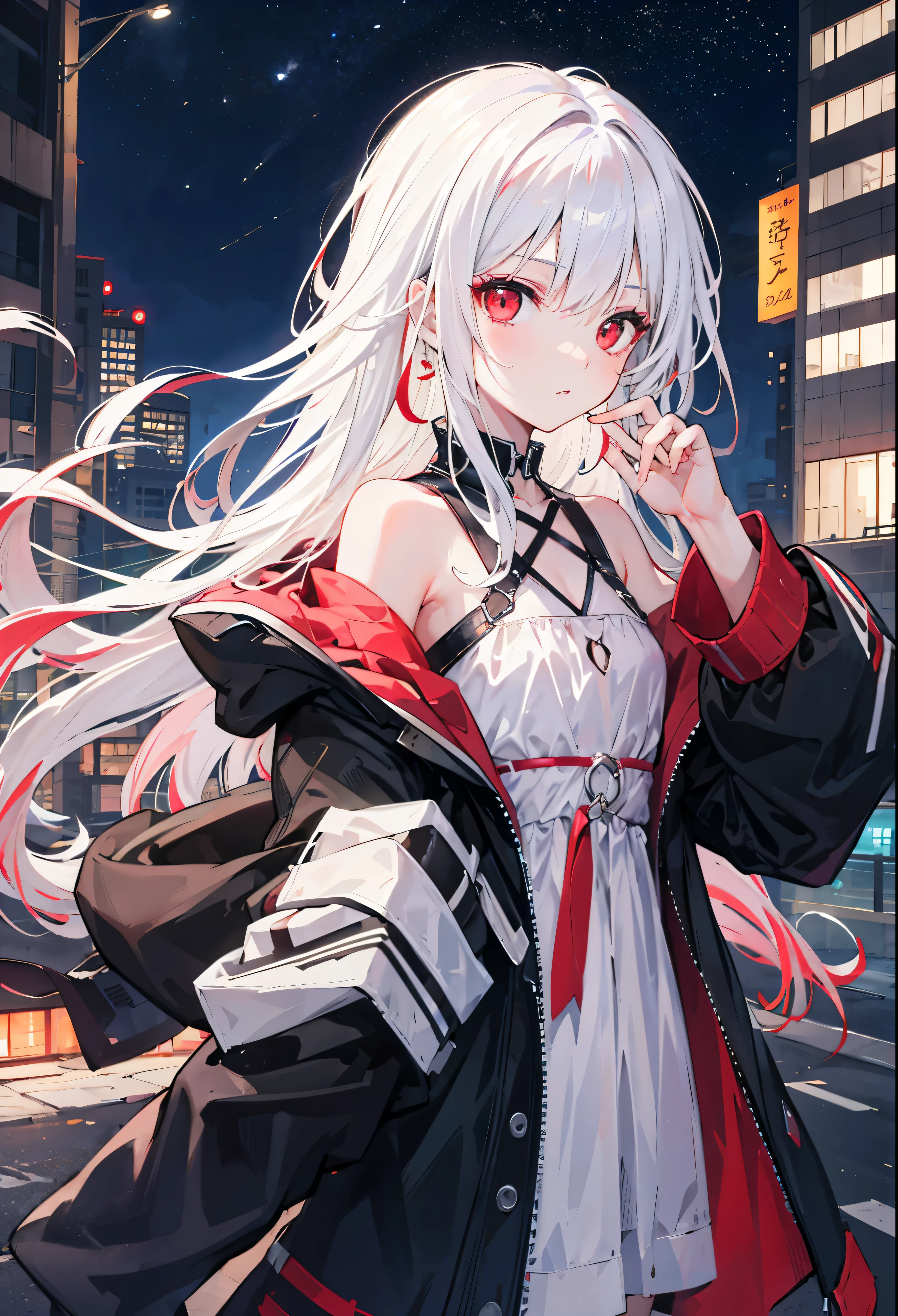 best quality, masterpiece, detailed, perfect face, 1girl,night city ,jacket, red eyes,long hair,white hair, red hair , flat chest, beautiful eye
