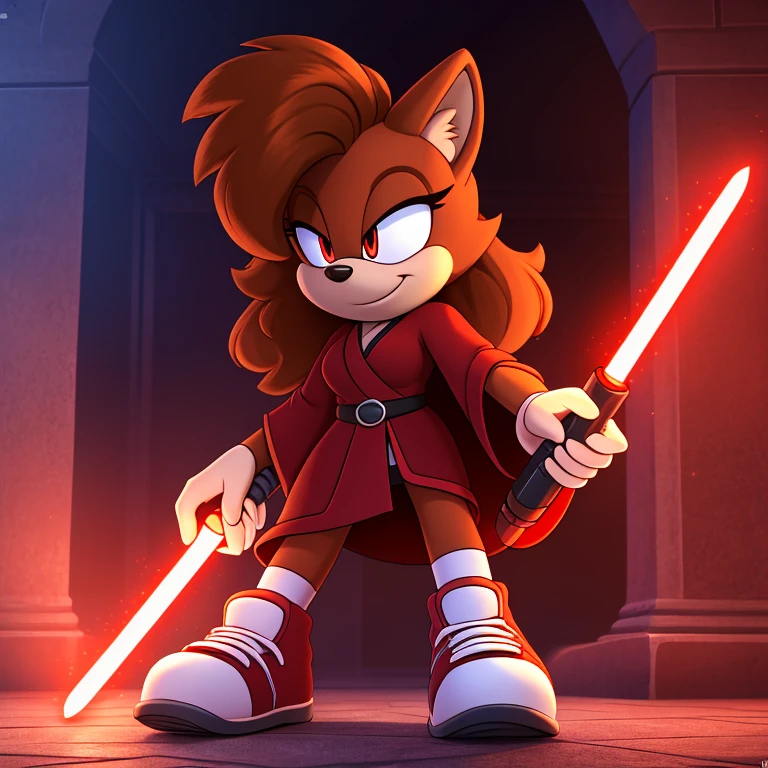 mobian, hedgehog, two-tone fur ((orange fur, brown fur)), red robe, small breasts, red lightsaber, high-top sneakers, two-tone hair (brown hair, black tip)), curly hair, red halo, jewelry, red glowing eyes, longeyelashes, red eyes, smirk, super dark room, high detail, masterpiece, UHD, anatomically correct, super detail, highres, 4K