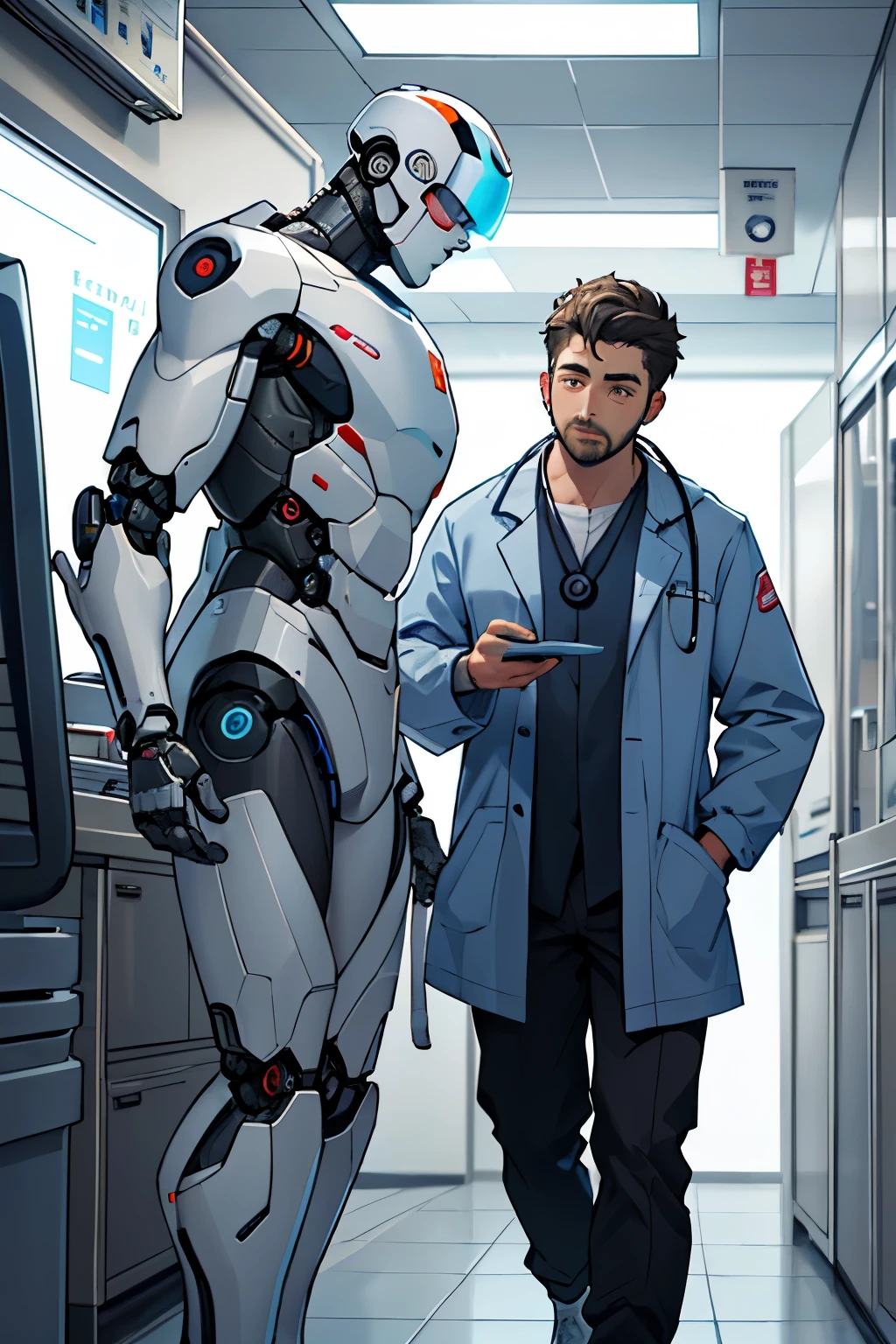 ((best quality)), ((masterpiece)), (detailed), FUTURISTIC ARTIFICIAL INTELLIGENCE ADVANCED TECHNOLOGY MALE ROBOTIC DOCTOR IN HOSPITAL ADVISING A PATIENT WEARING A DOCTOR'S COAT