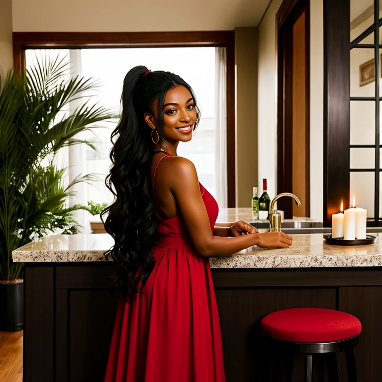 Long wavy luxurious black hair in ponytail, black woman, medium brown skin tone, beautiful smile, red dress, bar stools, kitchen island, luxury furniture, rug, candles, plants, decor, from a distance