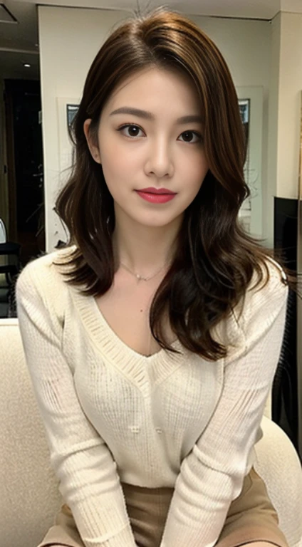 ((Medium shot scene、Two-thirds of the body is standing)),(8K, highest quality, masterpiece:1.2), (realistic, Photoreal:1.37), super detailed, one girl, cute, solo, A face that looks like it&#39;s about to cry, (closed mouth),(White sweater 1.5) ,((The lower half of the body is only wearing beige pantyhose..5)),big breasts, beautiful and fine eyes, (hair length: 1.2), Floating hair NovaFrogStyle, Upper body,She is sitting on a chair in the room with her legs wide open、((Photographed from below the front))、Plump big bob hair,looking at the viewer,spread legs