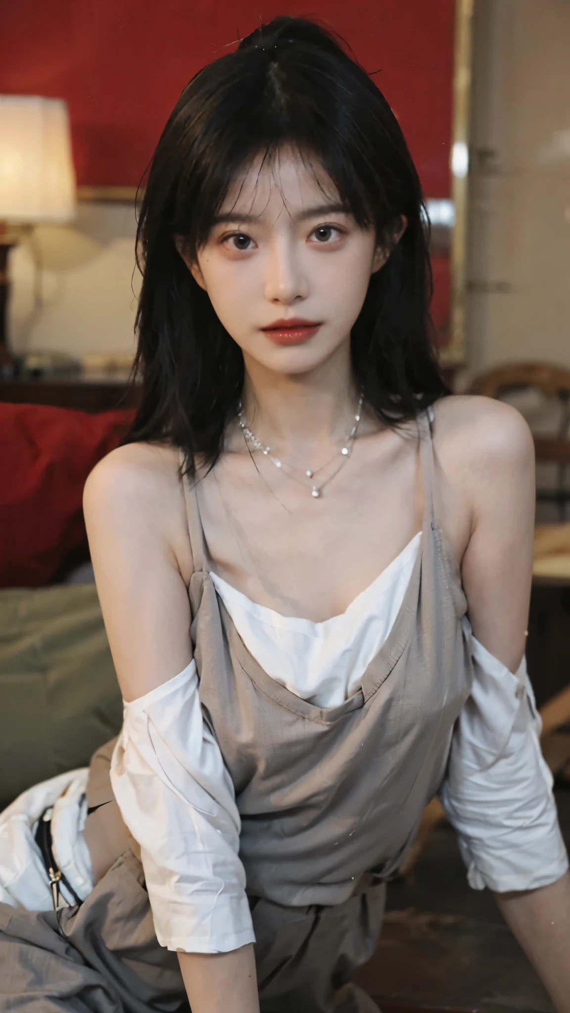Film portrait photography, 1 girl, bare shoulders,lipstick，（flat chest：1.4）， meatball head, wear necklace，Cute expression,Exquisite makeup，earrings，hairpin，Red suspenders，serene, calm, (Realistic and detailed eyes, natural skin texture, Realistic facial details), Soft dramatic lighting, depth of field, Bokeh, Vibrant details, Detailed and detailed, surreal, 35mm film, hazy, ,