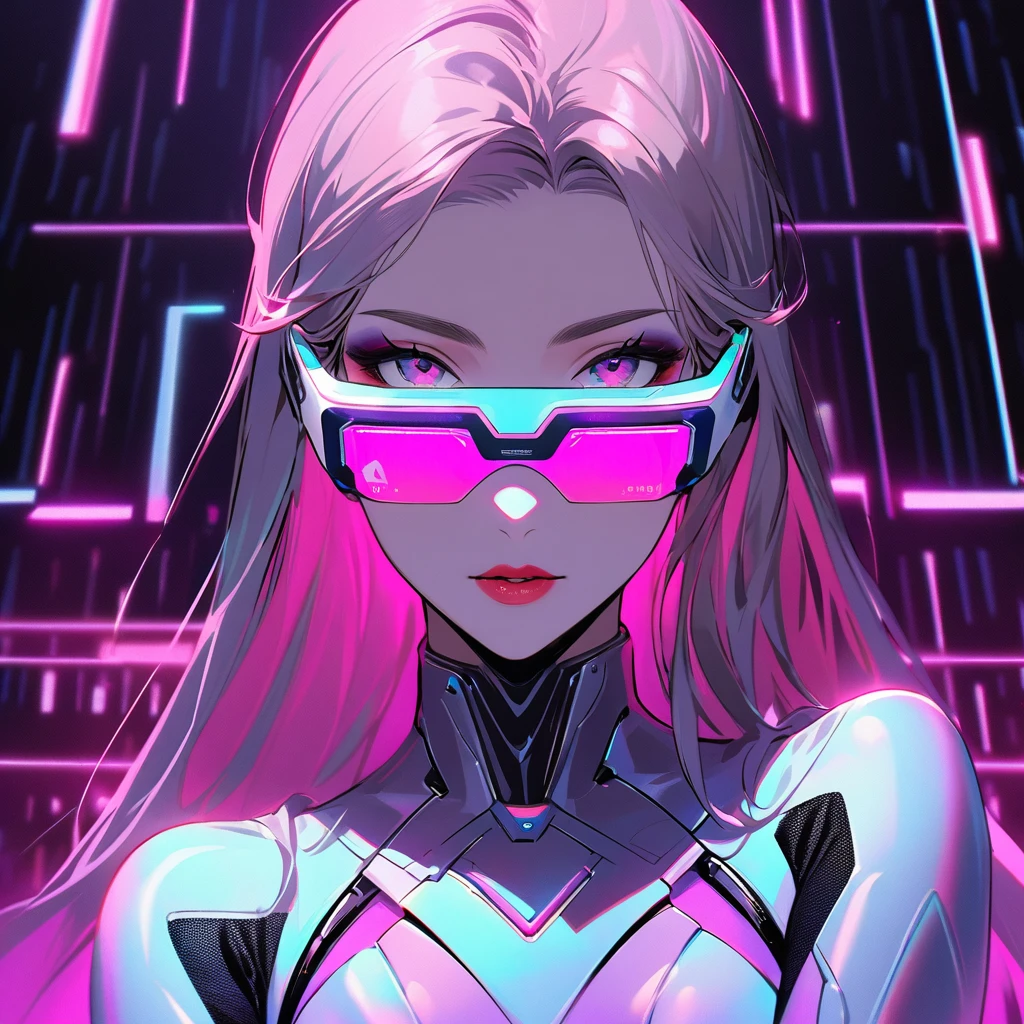 The portrait features a young woman with striking facial features, framed by sleek, shoulder-length hair. She wears a futuristic outfit consisting of a form-fitting bodysuit adorned with metallic accents. A pair of augmented reality glasses rests on her nose, adding a tech-savvy touch to her appearance. Her makeup is minimal yet bold, accentuating her eyes and lips. With confident posture, she stands against a backdrop of glowing neon lights, hinting at the advanced technological world she inhabits.