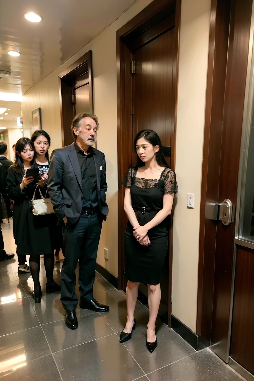 A group of people in the hotel lobby are waiting for the elevator with very anxious expressions
