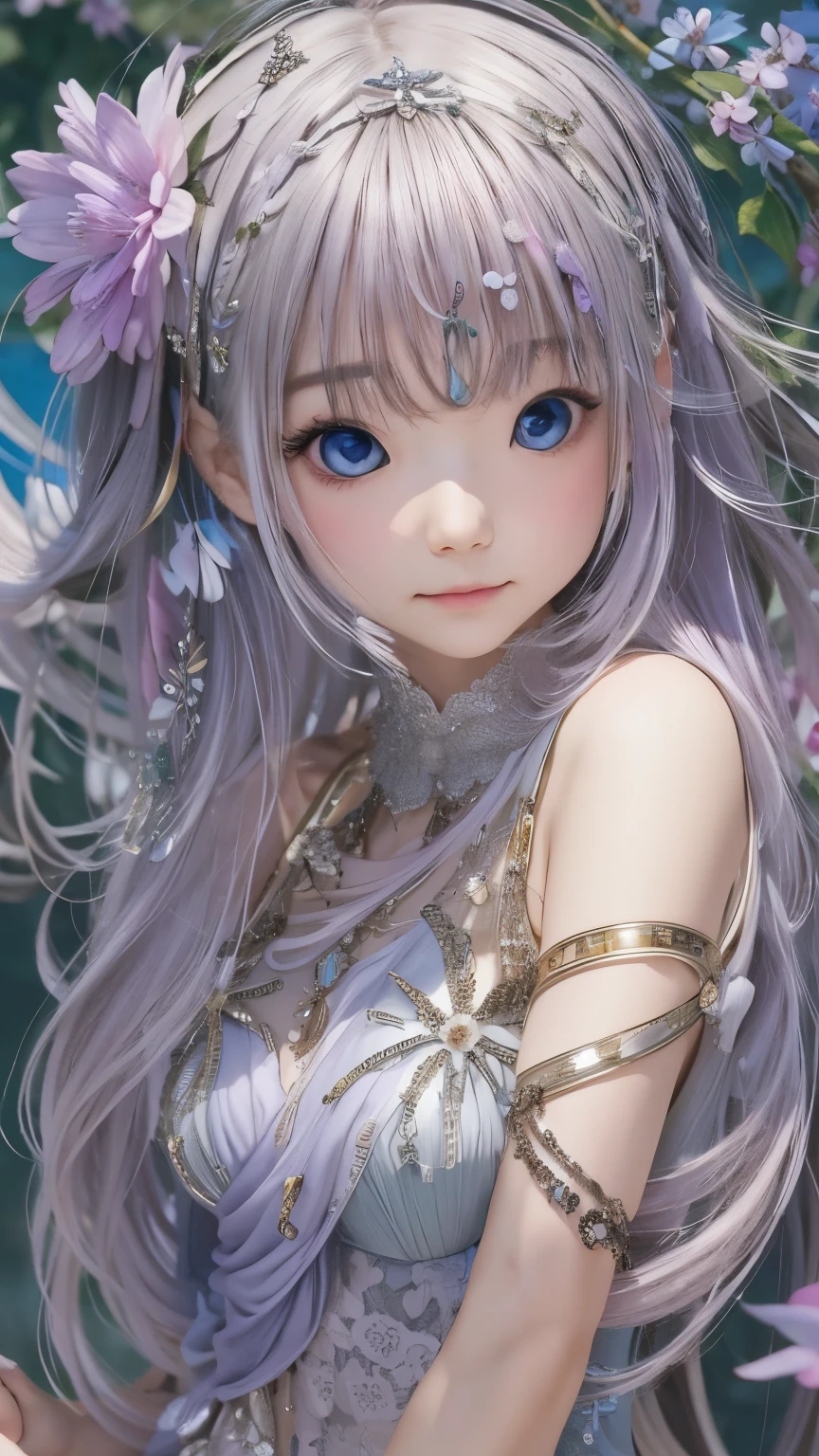 masterpiece, highest quality, Super detailed, figure, , , 1 girl,alone, image body, flower, looking at the viewer, , , purple eyes, eyes like jewels, very fine eyes, highly detailed face,, , star (null), Star, purple energy, handrail, stream star