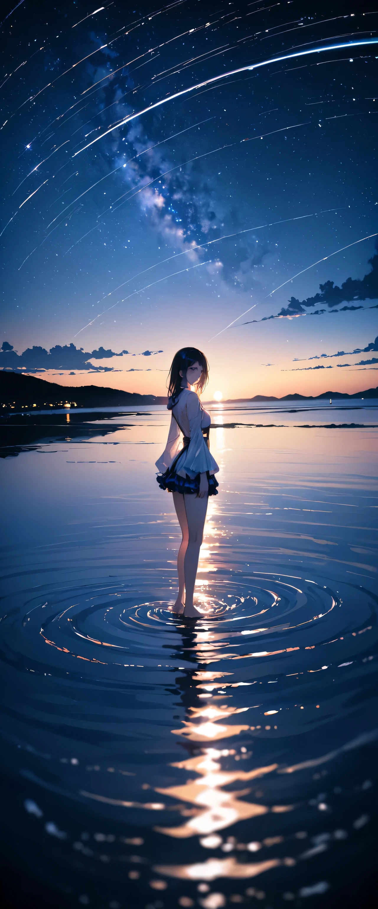(Close-up:1.4)、(RAW photo:1.2)、(photorealistic:1.4)、(masterpiece:1.3)、(highest quality:1.4)、japanese girl、(night scenery:1.2)、thin clothes、pretty girl、Put one foot in the sea、standing on tiptoe、Landscape、Between the horizon and the sea、view from the side、Ripples spreading from the toes、Standing about 20 meters away、on the sea、The whole scene shineeteors、illumination、