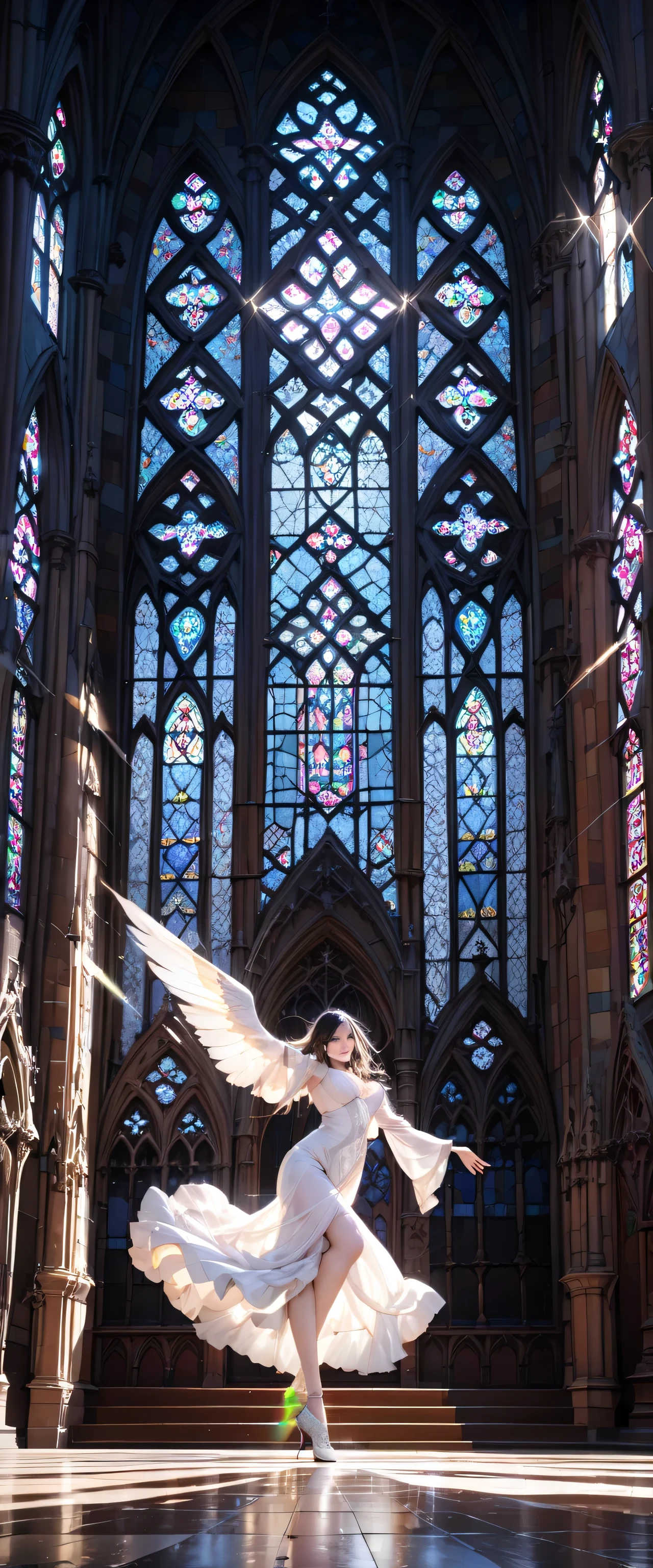 (Close-up:1.4)、(RAW photo:1.2)、(photorealistic:1.4)、(masterpiece:1.3)、(highest quality:1.4)、Huge stained glass、Huge Gothic church、(A beautiful angel dances like a god:1.3)、Very shining、illumination、light shines、