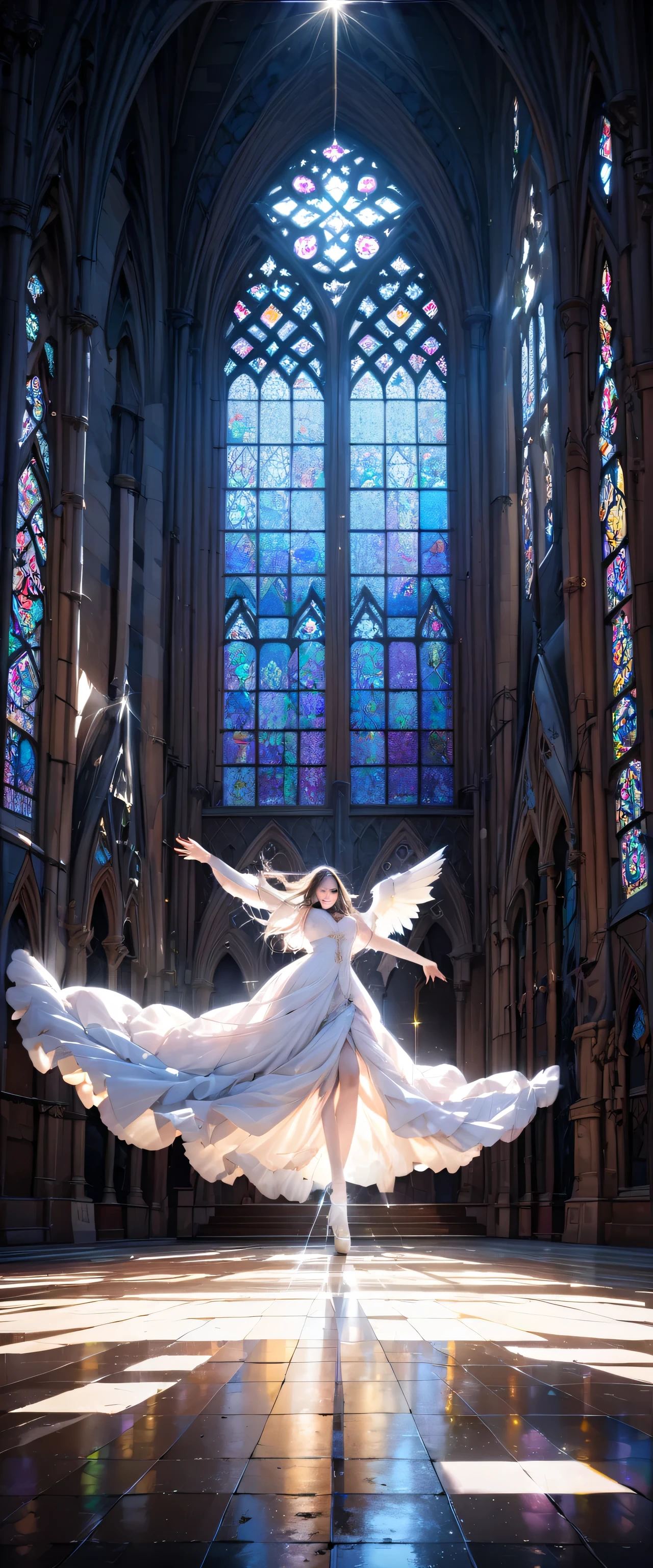 (Close-up:1.4)、(RAW photo:1.2)、(photorealistic:1.4)、(masterpiece:1.3)、(highest quality:1.4)、Huge stained glass、Huge Gothic church、(A beautiful angel dances like a god:1.3)、Very shining、illumination、light shines、