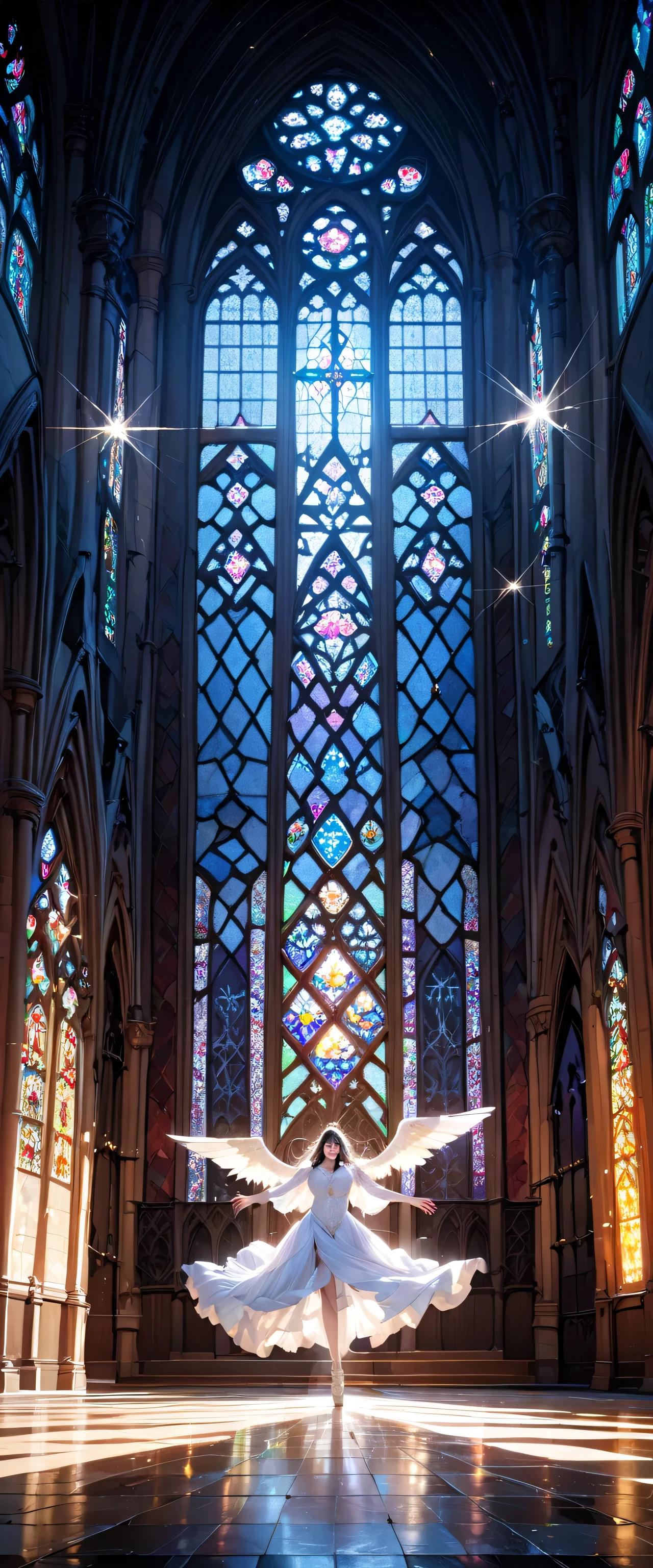 (Close-up:1.4)、(RAW photo:1.2)、(photorealistic:1.4)、(masterpiece:1.3)、(highest quality:1.4)、Huge stained glass、Huge Gothic church、(A beautiful angel dances like a god:1.3)、Very shining、illumination、light shines、