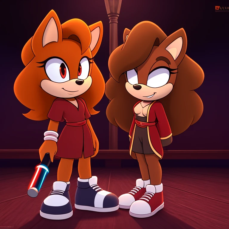 mobian, hedgehog, two-tone fur ((orange fur, brown fur)), red robe, small breasts, red lightsaber, high-top sneakers, two-tone hair (brown hair, black tip)), curly hair, red halo, jewelry, red glowing eyes, longeyelashes, red eyes, smirk, super dark room, high detail, masterpiece, UHD, anatomically correct, super detail, highres, 4K