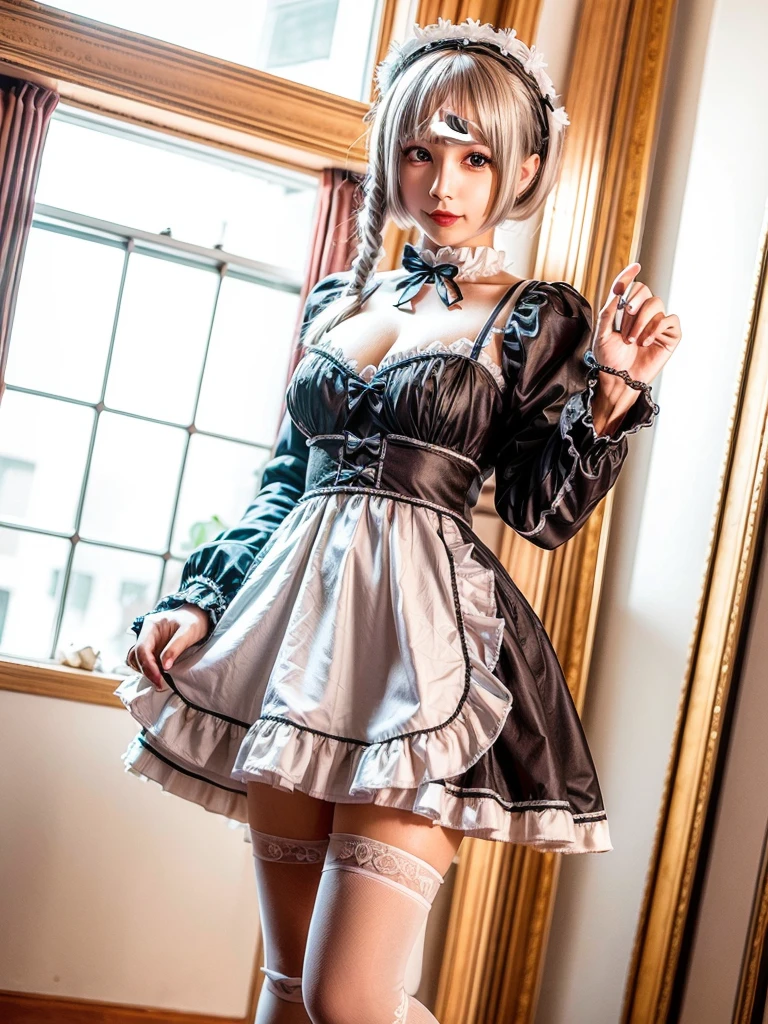 (8K, Photorealistic, Raw photo, of the highest quality: 1.3), (1girl in), Super beautiful, (Realistic face), (boyish, Silver Color Berry Shorthair), Beautiful , Glare that captivates the viewer, Beautiful expression, Beautiful breasts, (Realistic skin), Be...Super high quality, super high definition, super detailed, masterpiece, 20years old, female, cute, perfect face, beautiful, nice body, gothic lolita clothes, gothic lolita fashion, frilly skirt, headdress, necklace, bracelet, knee-high socks, boots, double eyelids, tear bags, Detailed down to the fingers, photo-like description, indoors, dim indoor lighting, big breasts, blonde hair, semi long, standing, whole body, composition that shows the whole body, smiling