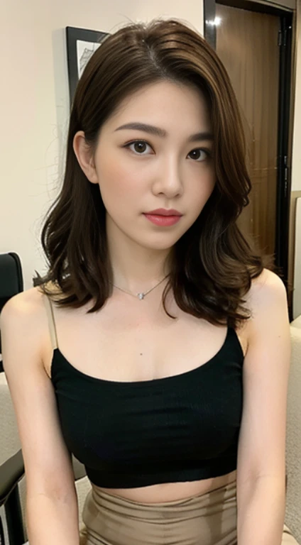 (8K, highest quality, masterpiece:1.2), (realistic, Photoreal:1.37), super detailed, one girl, cute, solo, A face that looks like it's about to cry, (closed mouth),(Black camisole 1.5) ,((The lower half of the body is only wearing beige pantyhose..5)),, beautiful and fine eyes, (hair length: 1.2), Floating hair NovaFrogStyle, Upper body,She is sitting on a chair in the room with her  open、((Photographed from below the front))、Plump big bob hair,looking at the viewer,spread legs