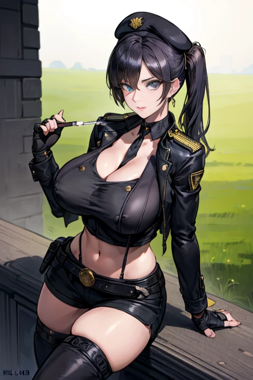 19 years old, (milf:0.8), (solo:1.5), (sfw:1.25), sexy breast, beautiful breasts, (medium tits:0.8), thin waist, big ass:1.0, Raised sexy, (black beret,black military jacket, open clothes, cleavage, midriff, black shorts, black thighhighs, thigh strap, fingerless gloves, single glove:1.2), blue eyes, light smile, big , Revimpling fabric, earrings, Hand gloves, detailed face,(hold a cigarette:1.1),long hair,side ponytail,hair between eyes,bangs,detailed and beautiful eyes,beautiful detailed lips,Rolling her eyes,manner,hair over one eye, (ultra high resolution, 8K RAW photo, photo realistics, thin outline:1.3, clear focus), best qualtiy, natural lighting, textile shading, field depth, (Bright pupils, fine detailed beautiful eyes with highlight:1.3, high detailed face), Red lip, fine realistic skins:1.1, looking down viewers:1.3, (dynamic angle:1.3, front view:1.1, breast focus:1.3, from above:1.2), (dynamic posing:1.5, sexy posing:1.2),Youghal, side lock, hair ornaments,nice,garden background,artistic rendering,Super detailed,(highest quality,4k,8K,High resolution,masterpiece:1.2),Bright colors,studio lighting ,at military base in usa