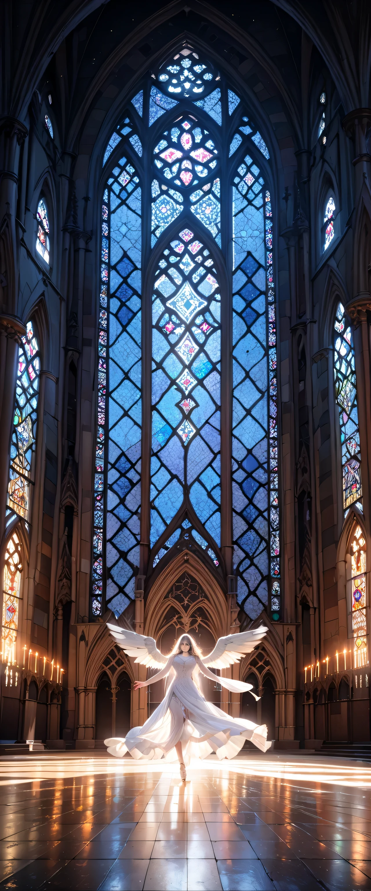 (Close-up:1.4)、(RAW photo:1.2)、(photorealistic:1.4)、(masterpiece:1.3)、(highest quality:1.4)、Huge stained glass、Huge Gothic church、(A beautiful angel dances like a god:1.3)、Very shining、illumination、light shines、