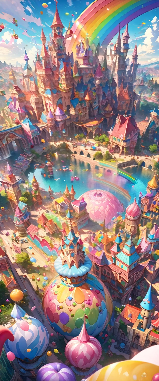 ((masterpiece, highest quality, Highest image quality, High resolution)), ((Extremely detailed CG unified 8k wallpaper)), Candyland, Candy Kingdom, Candy Castle, A fairy tale world, lined with houses of candy and a rainbow of juice fountains, Colorful, pop, fantasy, dreamy, Smile,