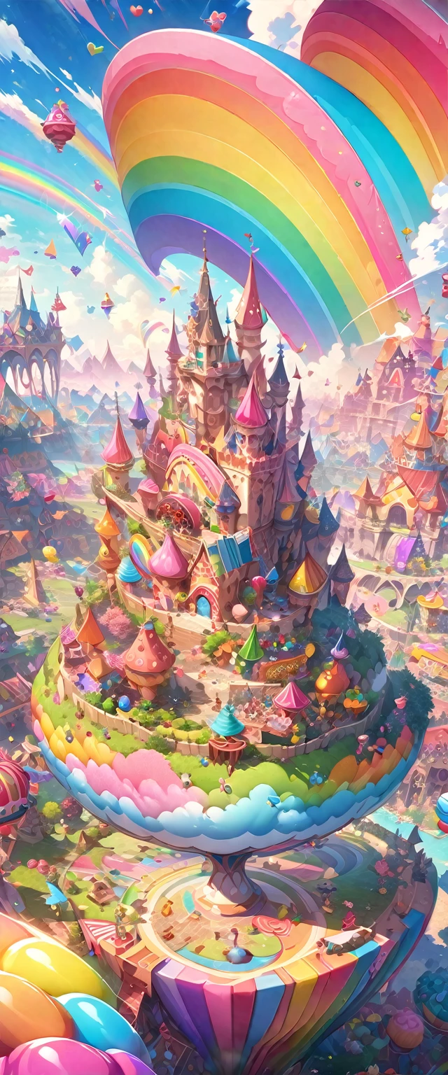 ((masterpiece, highest quality, Highest image quality, High resolution)), ((Extremely detailed CG unified 8k wallpaper)), Candyland, Candy Kingdom, Candy Castle, A fairy tale world, lined with houses of candy and a rainbow of juice fountains, Colorful, pop, fantasy, dreamy, Smile,