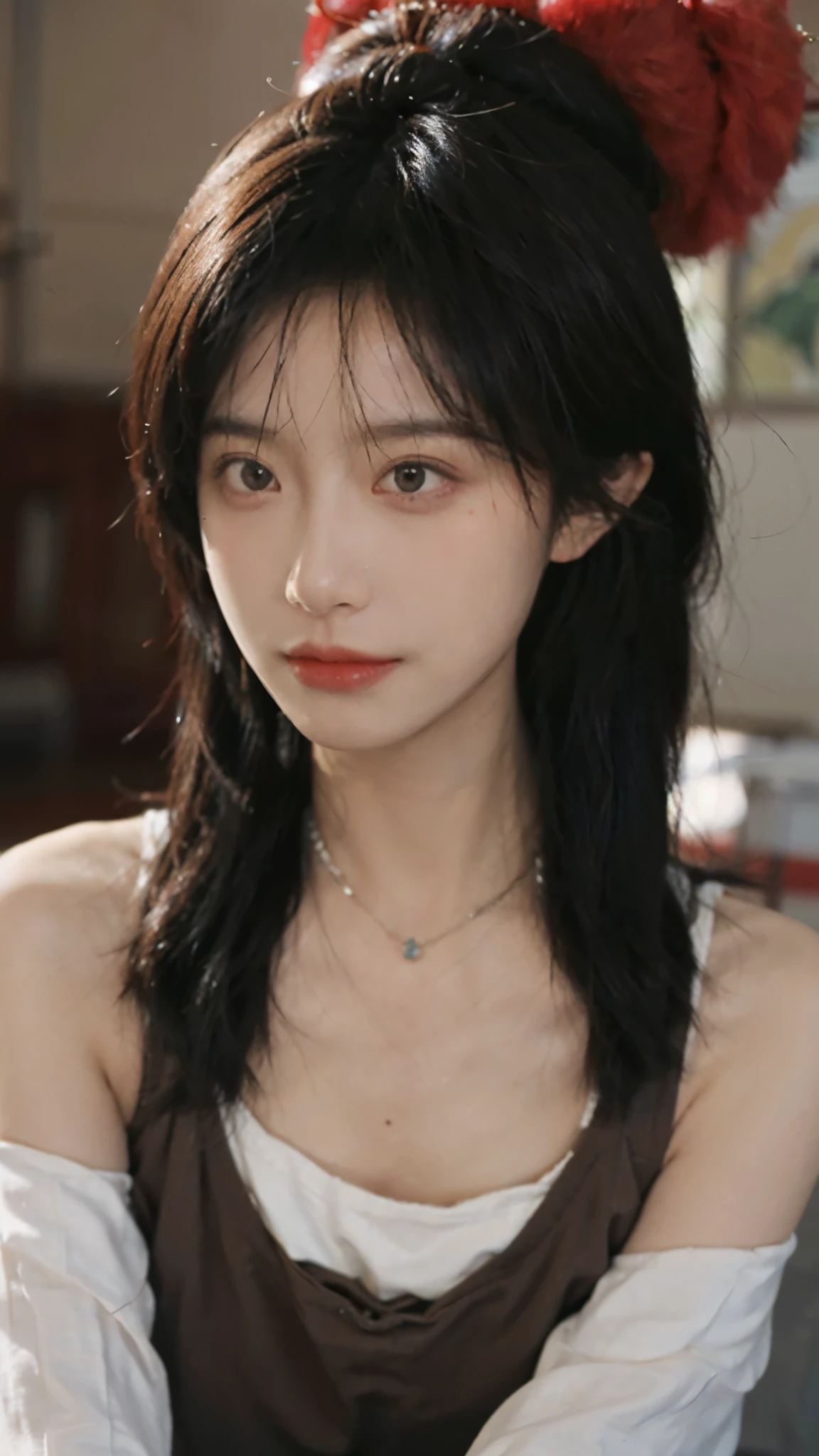 Film portrait photography, 1 girl, bare shoulders,lipstick，（flat chest：1.4）， meatball head, wear necklace，Cute expression,Exquisite makeup，earrings，hairpin，Red suspenders，serene, calm, (Realistic and detailed eyes, natural skin texture, Realistic facial details), Soft dramatic lighting, depth of field, Bokeh, Vibrant details, Detailed and detailed, surreal, 35mm film, hazy, ,