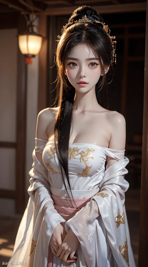 gufeng,bare shoulders, silky straight hair、Big eyes with bangs and eyeliner、The whole body is soaked、Nordic youth、Perfect body、very beautiful and cute、white skin、Glowing and radiant skin、Young and beautiful skin、Perfect and beautiful little face、Shiny makeup、Thin pink lip gloss expression、1 15 year old girl、lipstick、deceptive advertising、{steaming hot}、Audience point of view、golden hour lights、bokeh atmosphere perspective、detail、movie lighting、intricate details、high resolution、 Detailed features of facial design、high detail、clear focus、Smoothness、aesthetics、Print、Octagon Renderer、{{masterpiece}}